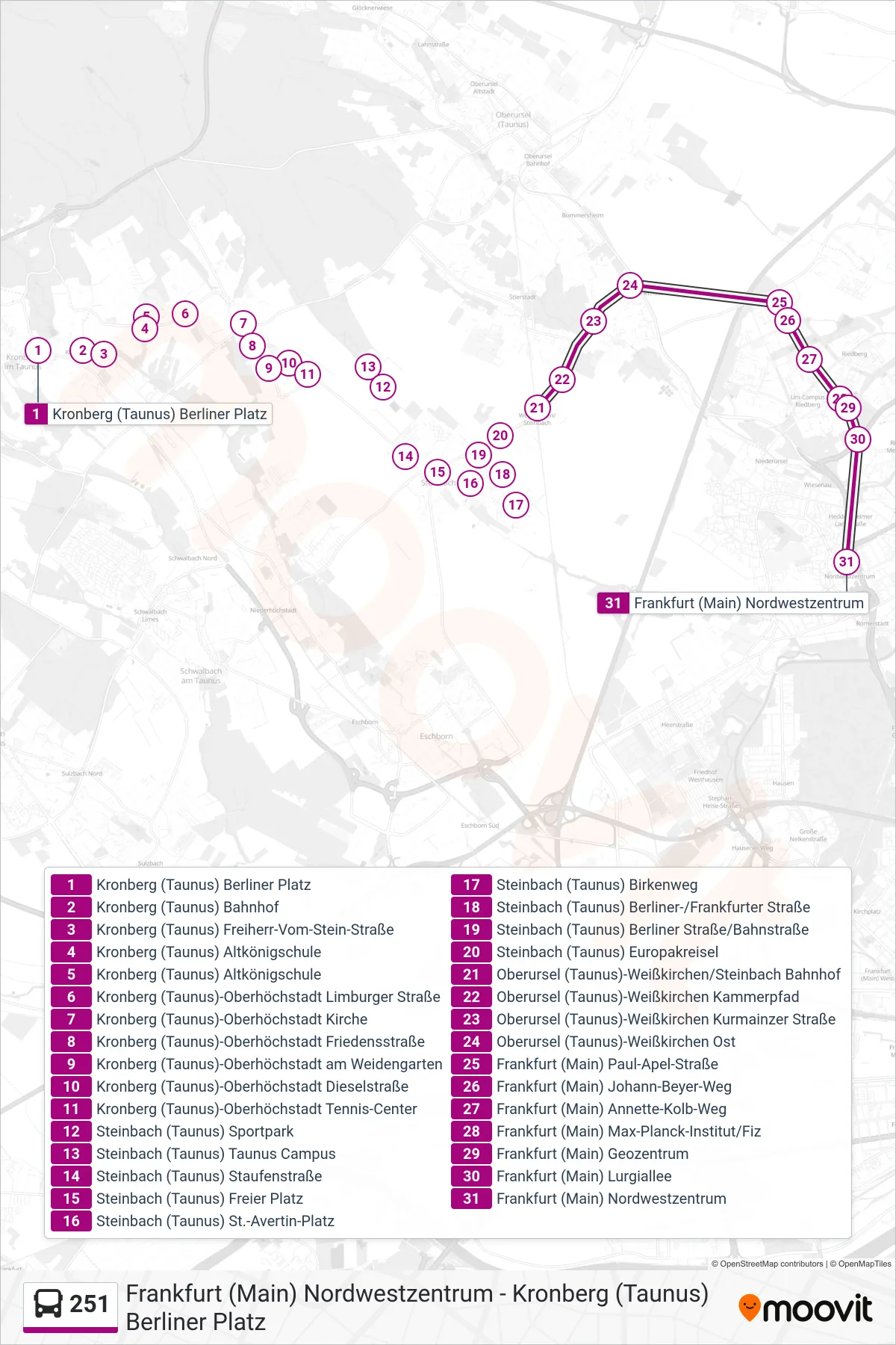 251 bus Line (Frankfurt (Main) Nordwestzentrum) route and stops on a map