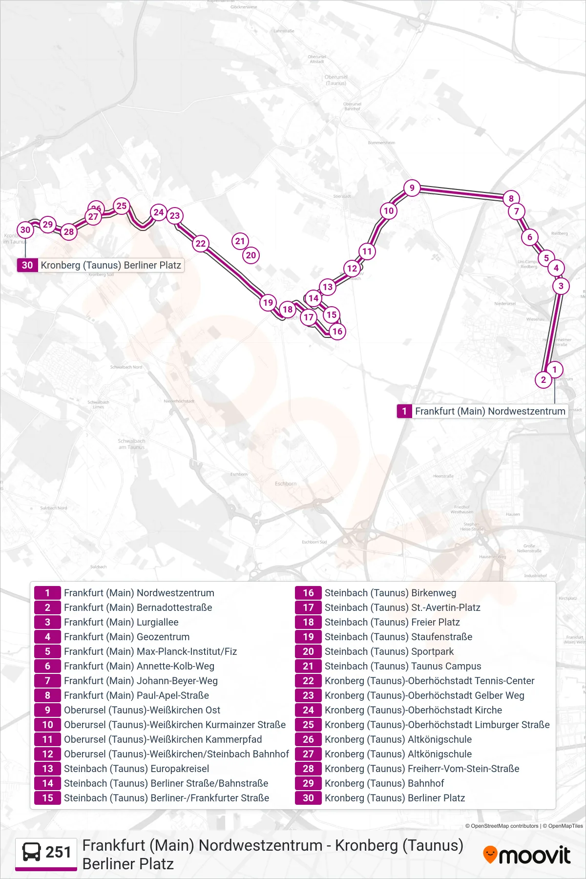 251 bus Line (Kronberg (Taunus) Berliner Platz) route and stops on a map
