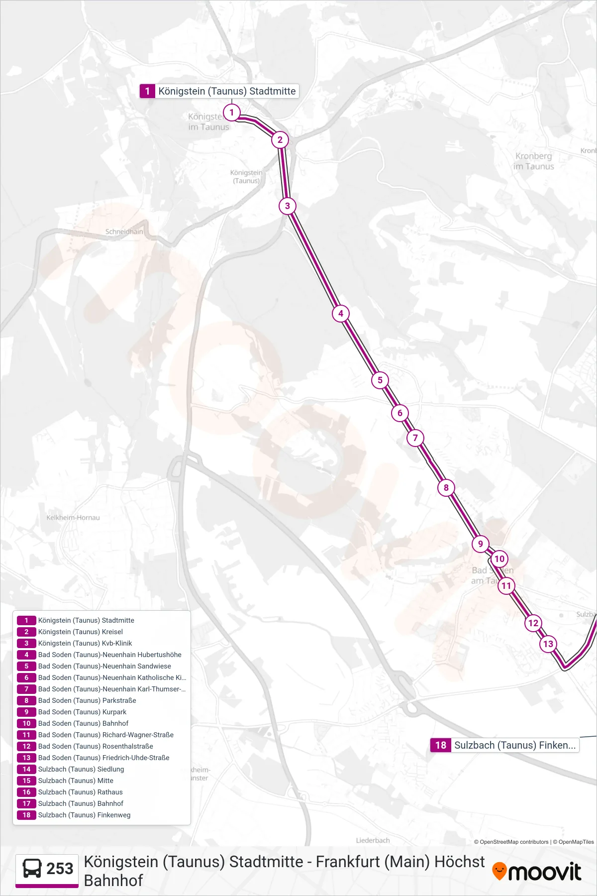 253 bus Line (Sulzbach (Taunus) Finkenweg) route and stops on a map