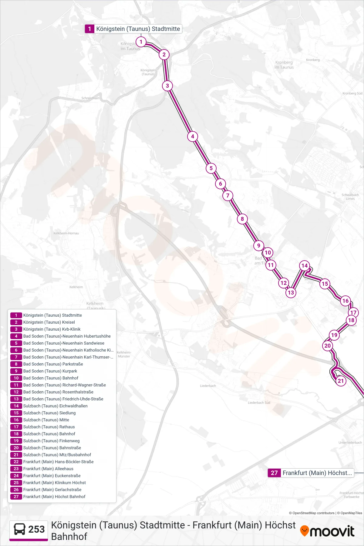 253 bus Line (Frankfurt (Main) Höchst Bahnhof) route and stops on a map