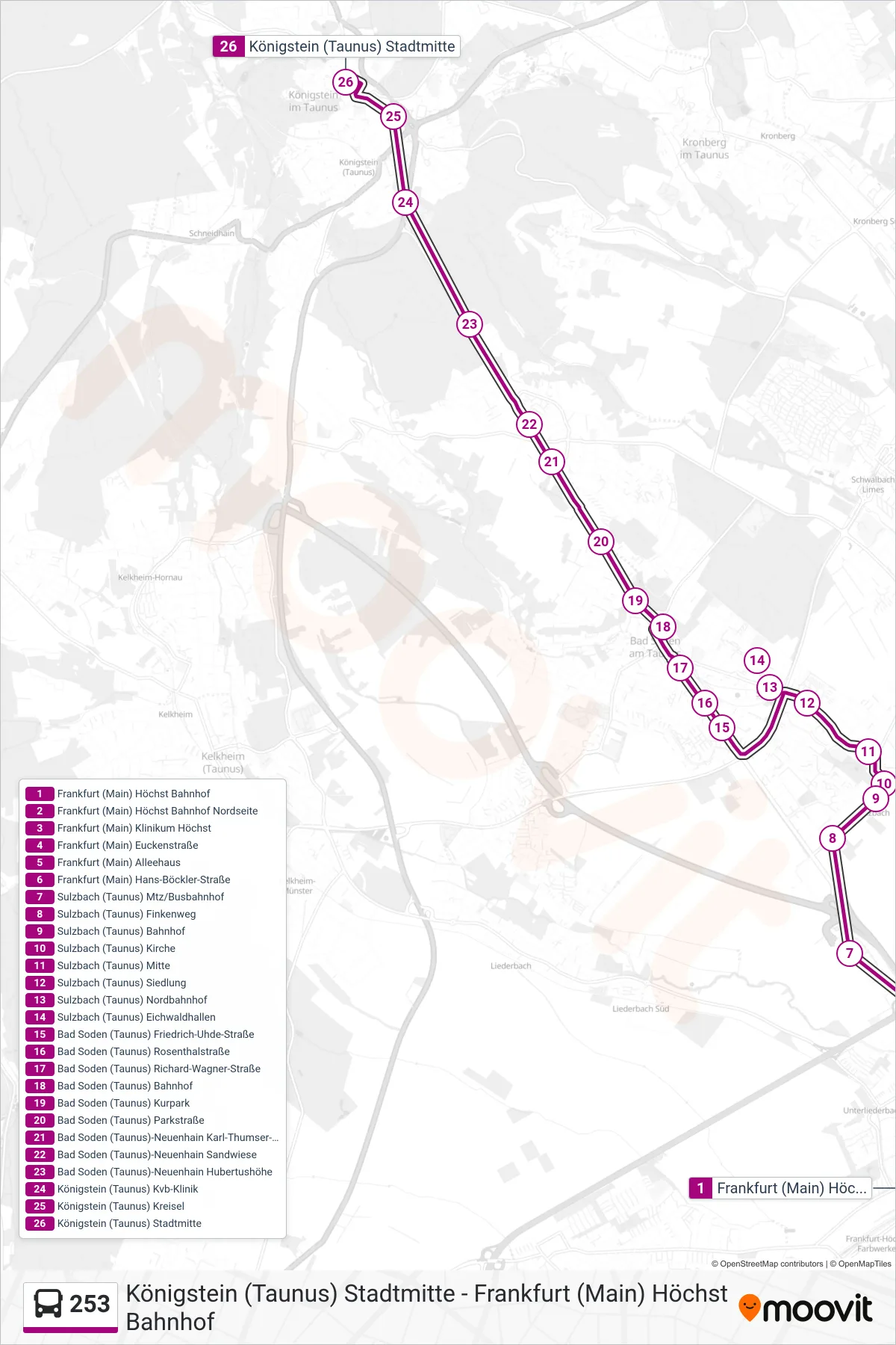 Linie 253 (Bus) Richtung Königstein (Taunus) Stadtmitte: Route und Haltestellen auf der Karte