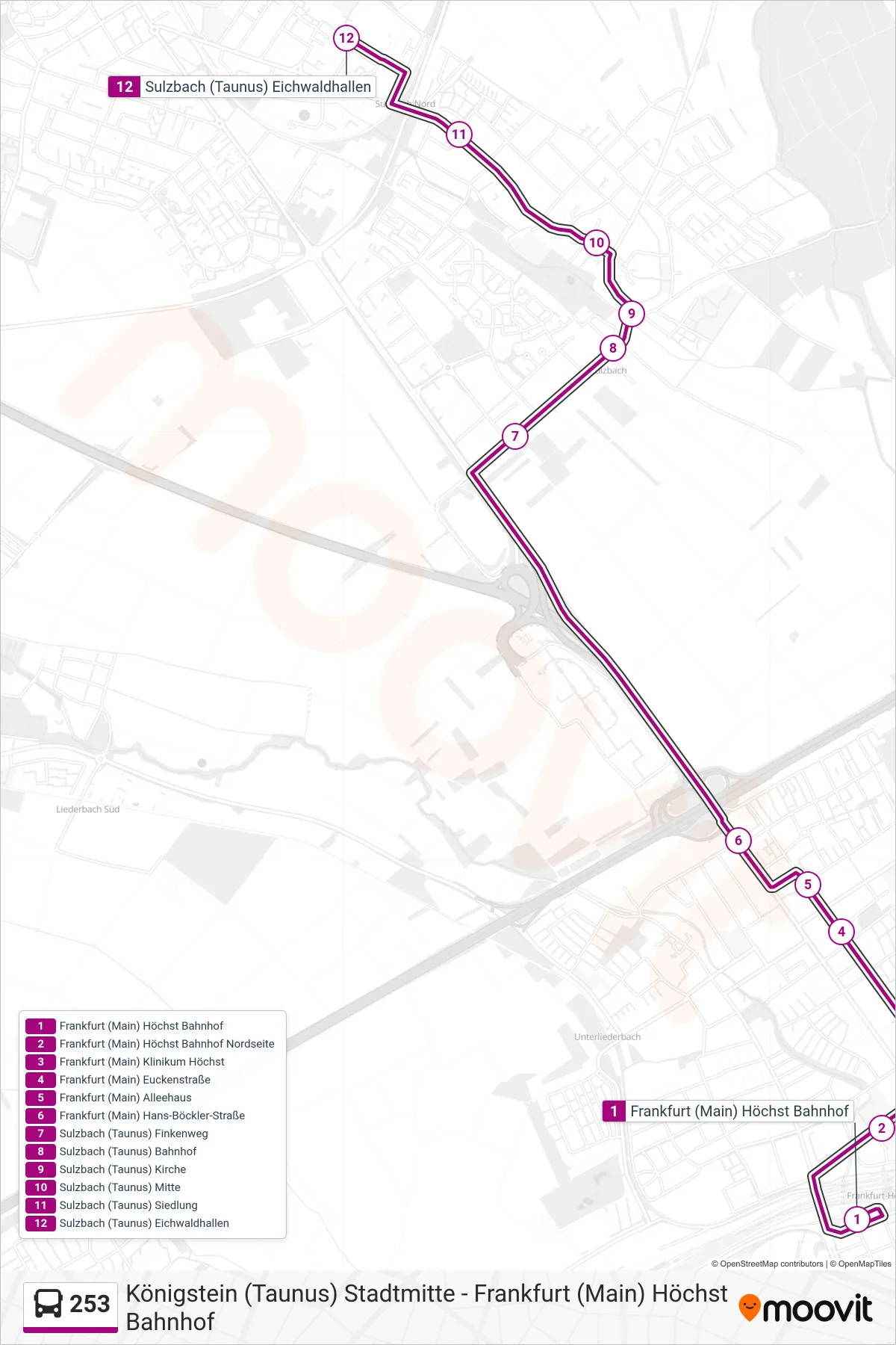 253 bus Line (Sulzbach (Taunus) Eichwaldhallen) route and stops on a map