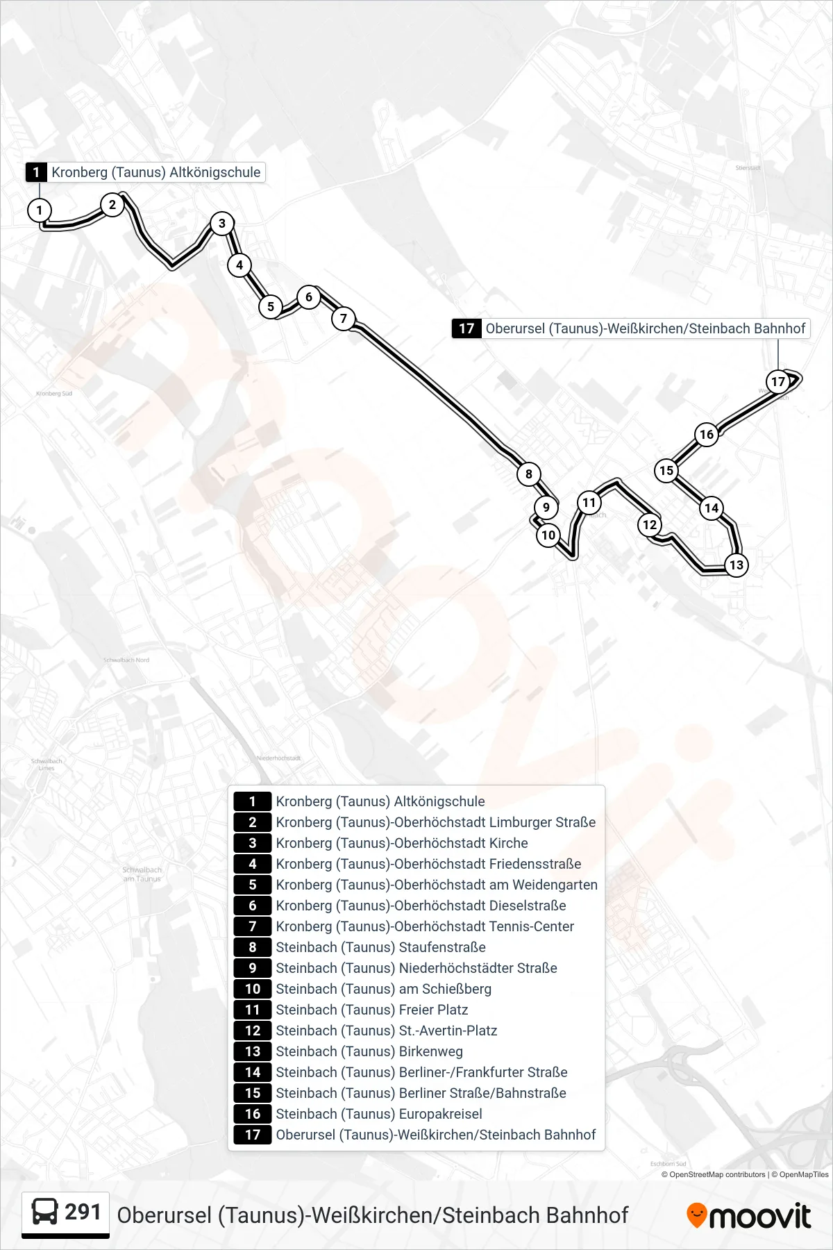 Linie 291 (Bus) Richtung Oberursel (Taunus)-Weißkirchen/Steinbach Bahnhof: Route und Haltestellen auf der Karte