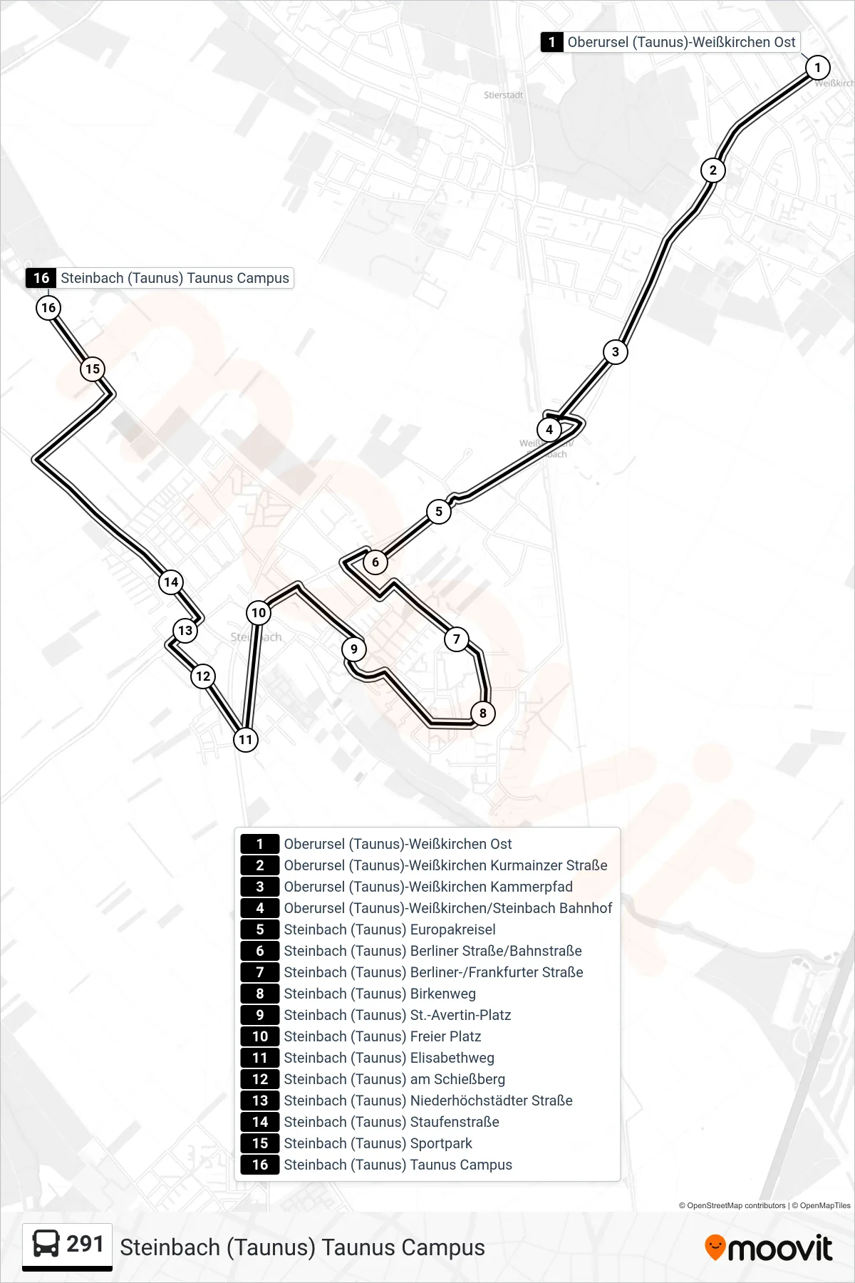 291 bus Line (Steinbach (Taunus) Taunus Campus) route and stops on a map