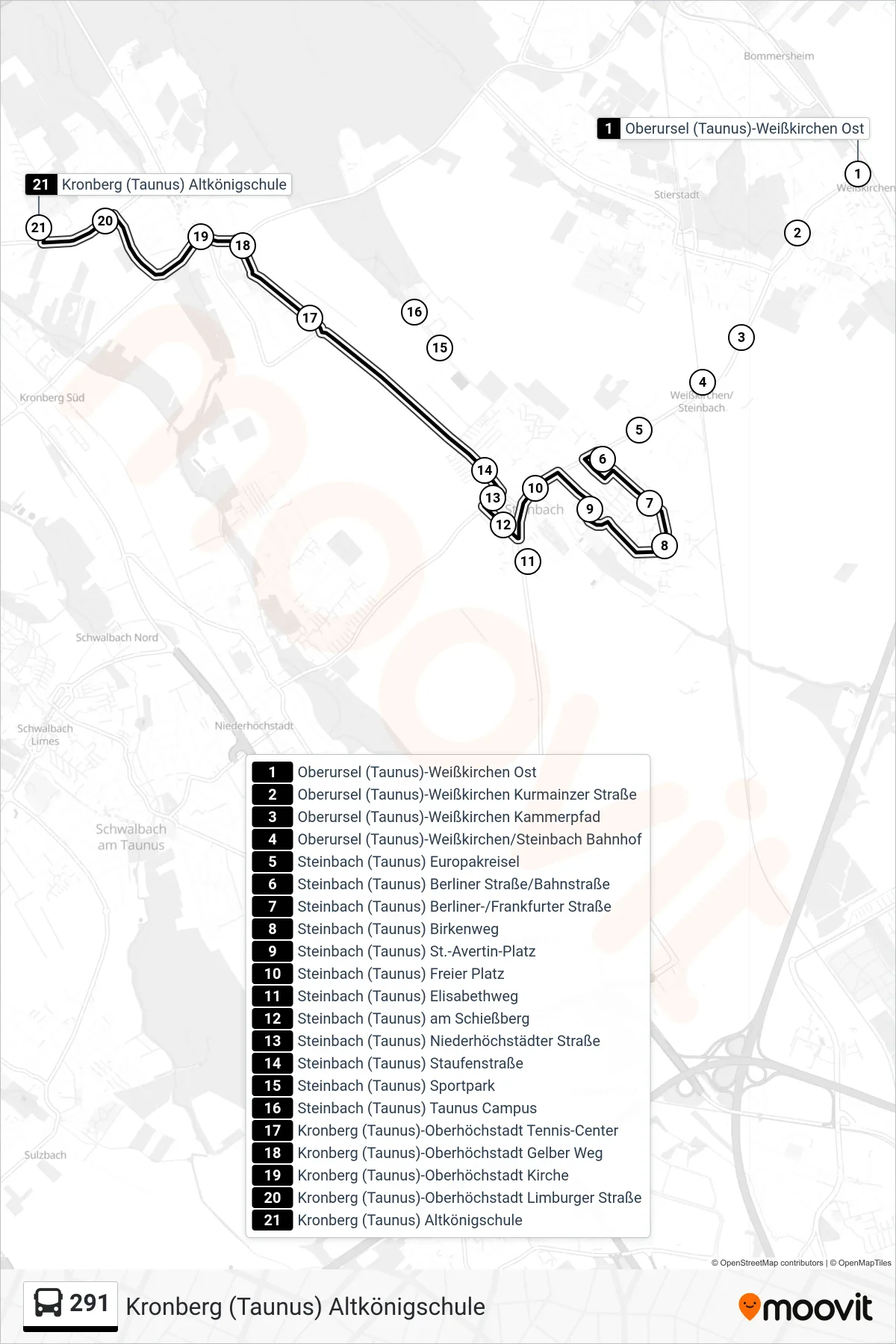 291 bus Line (Kronberg (Taunus) Altkönigschule) route and stops on a map