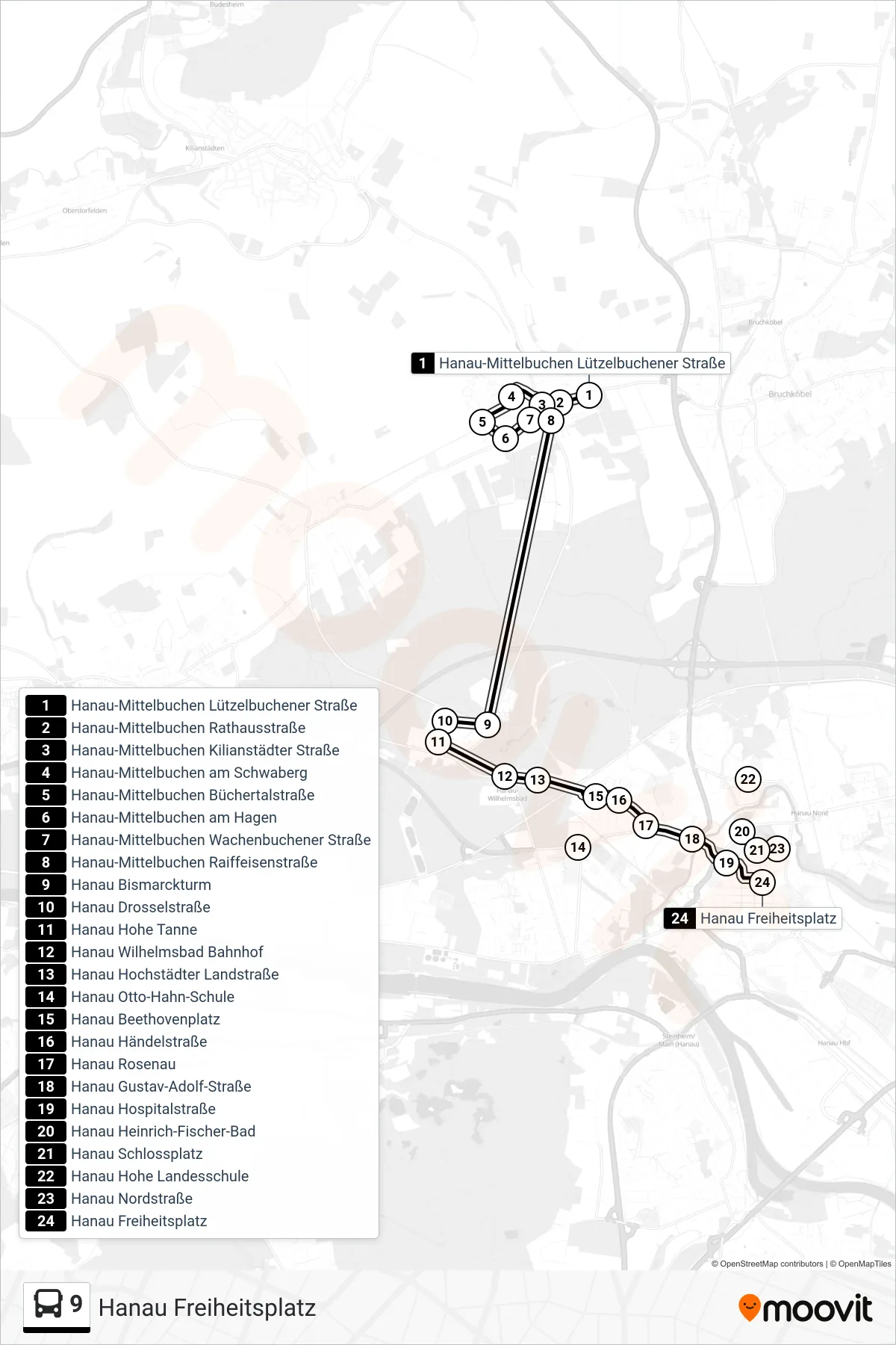Linie 9 (Bus) Richtung Hanau Freiheitsplatz: Route und Haltestellen auf der Karte