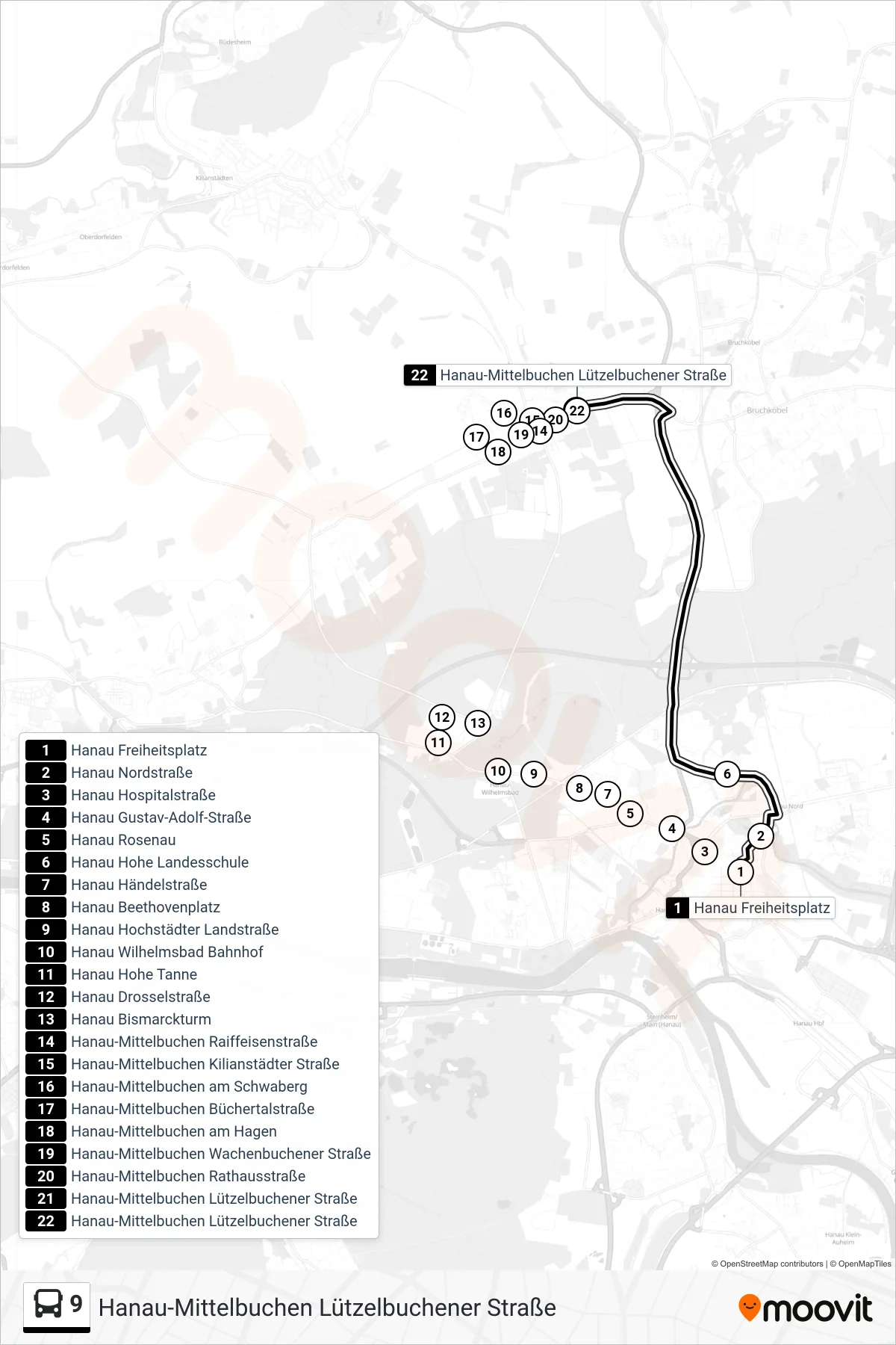9 bus Line (Hanau-Mittelbuchen Lützelbuchener Straße) route and stops on a map