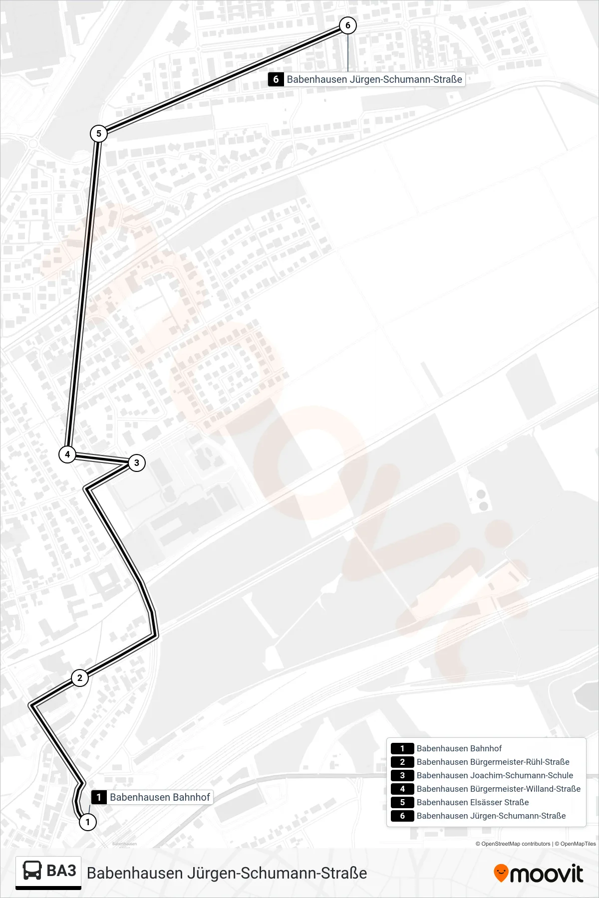 Linie BA3 (Bus) Richtung Babenhausen Jürgen-Schumann-Straße: Route und Haltestellen auf der Karte