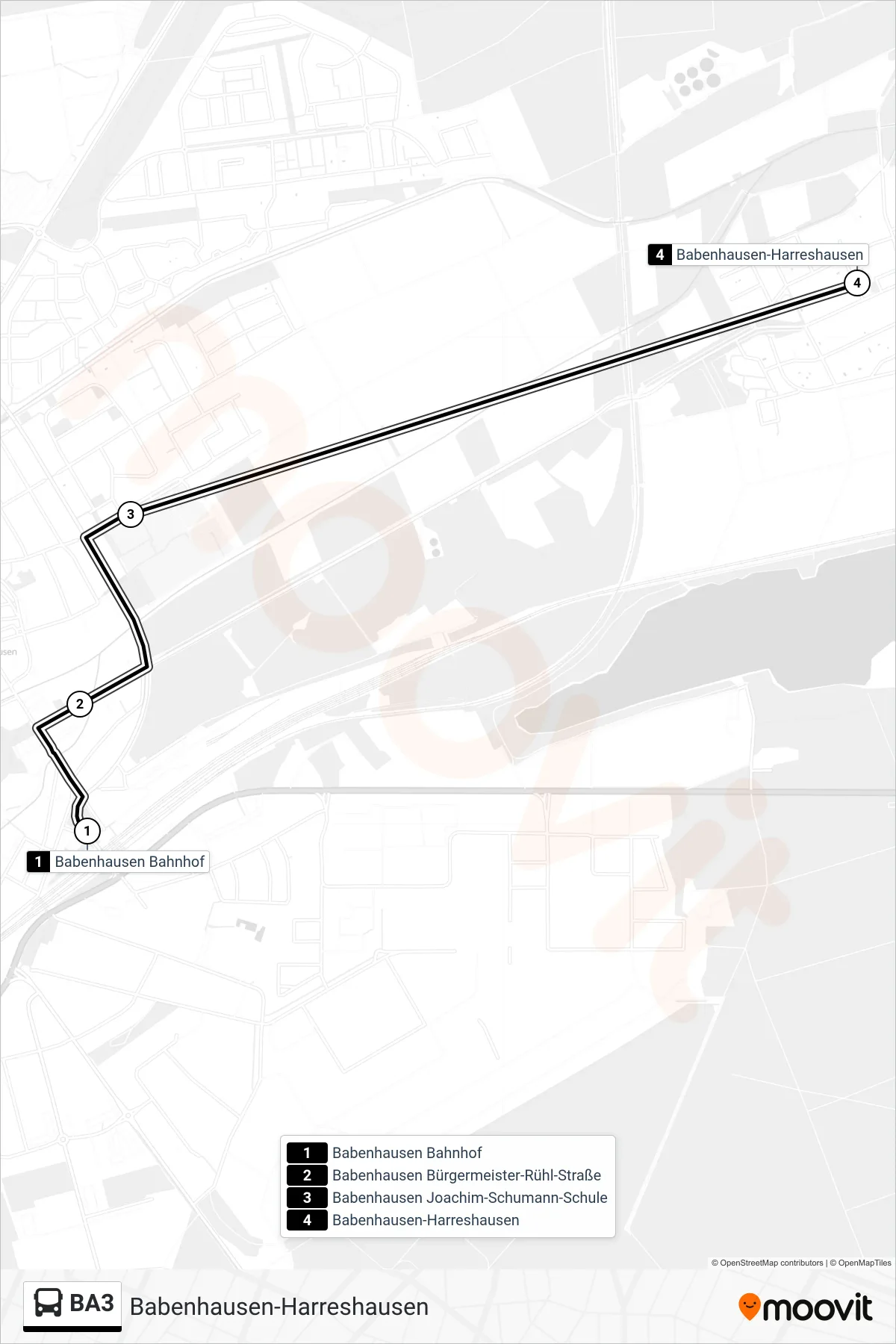 Linie BA3 (Bus) Richtung Babenhausen-Harreshausen: Route und Haltestellen auf der Karte