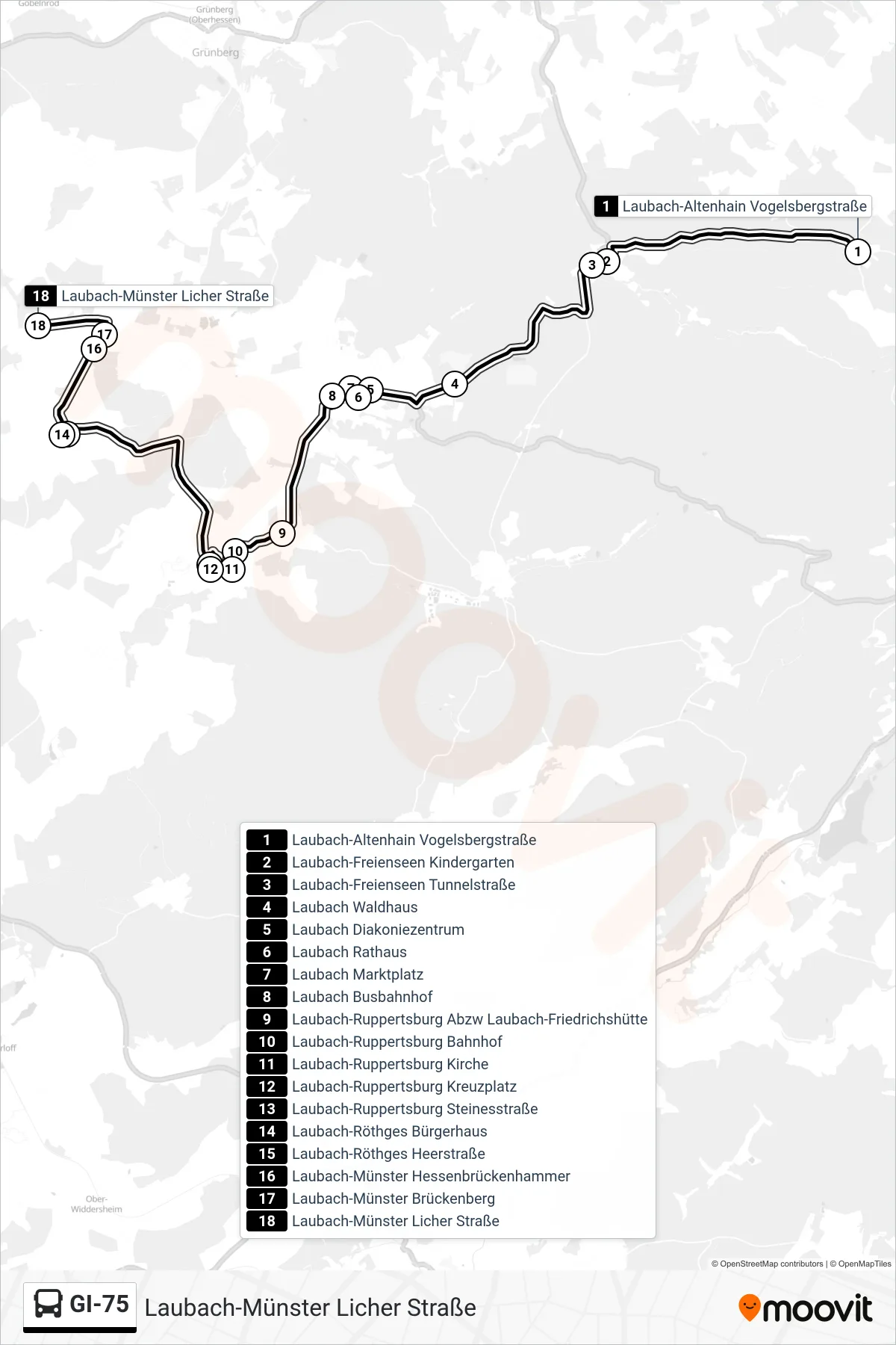 GI-75 bus Line (Laubach-Münster Licher Straße) route and stops on a map