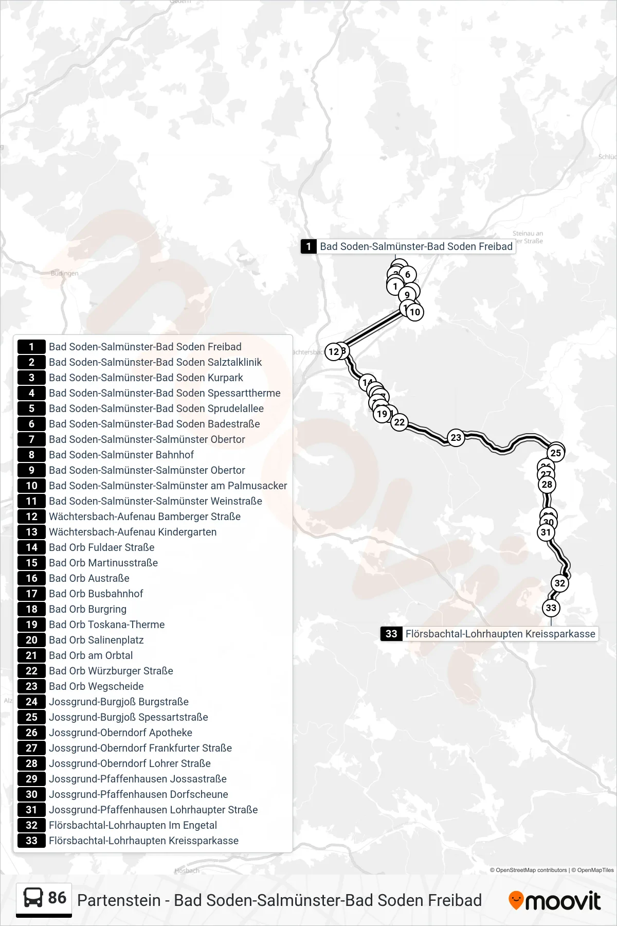 86 bus Line (Lohrhaupten) route and stops on a map