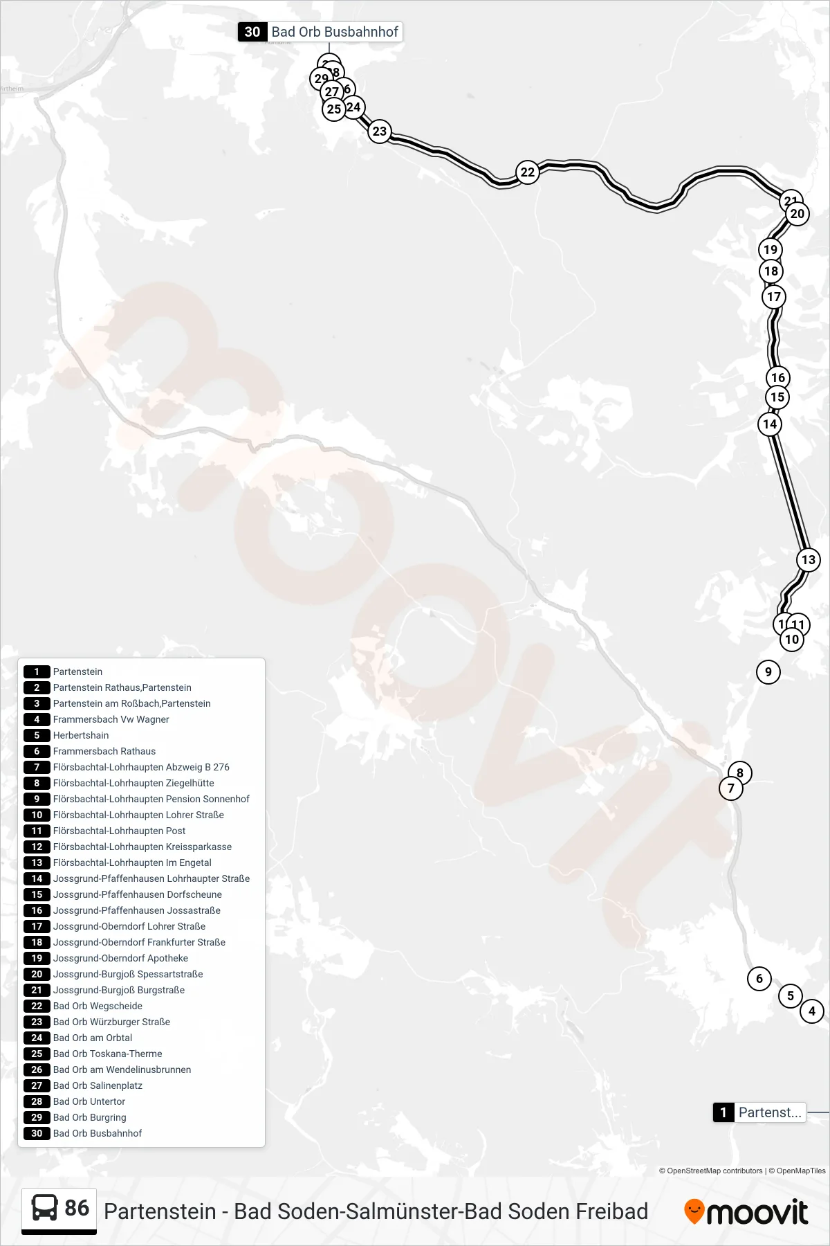 86 bus Line (Bad Orb) route and stops on a map