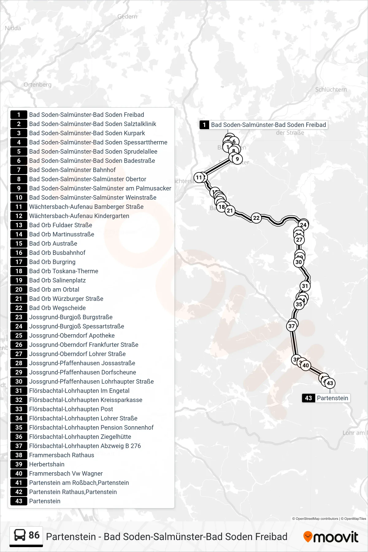 86 bus Line (Partenstein Bhf.) route and stops on a map