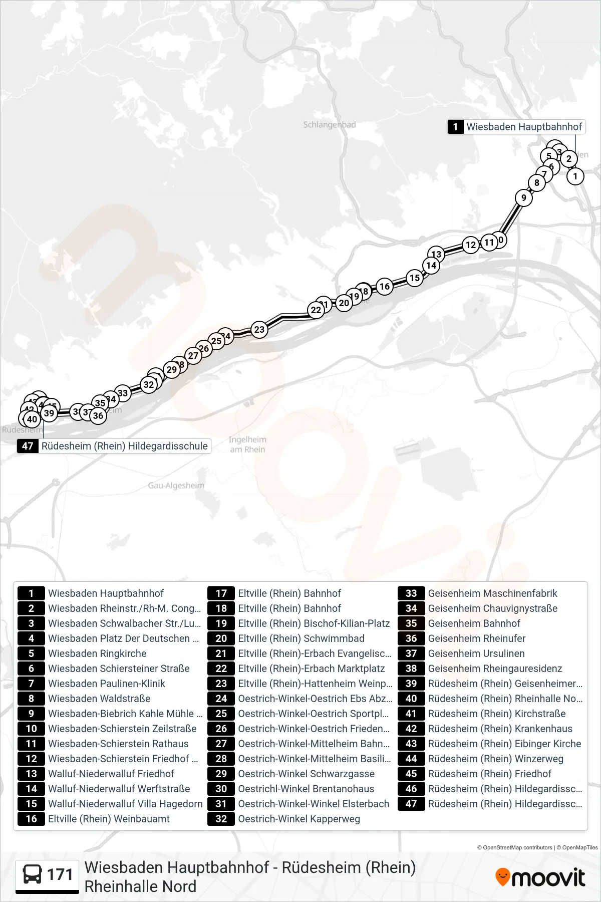 171 bus Line (Rüdesheim (Rhein) Hildegardisschule) route and stops on a map