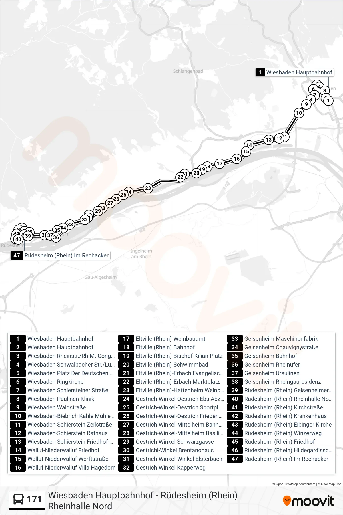 171 bus Line (Rüdesheim (Rhein) Rheinhalle Nord) route and stops on a map