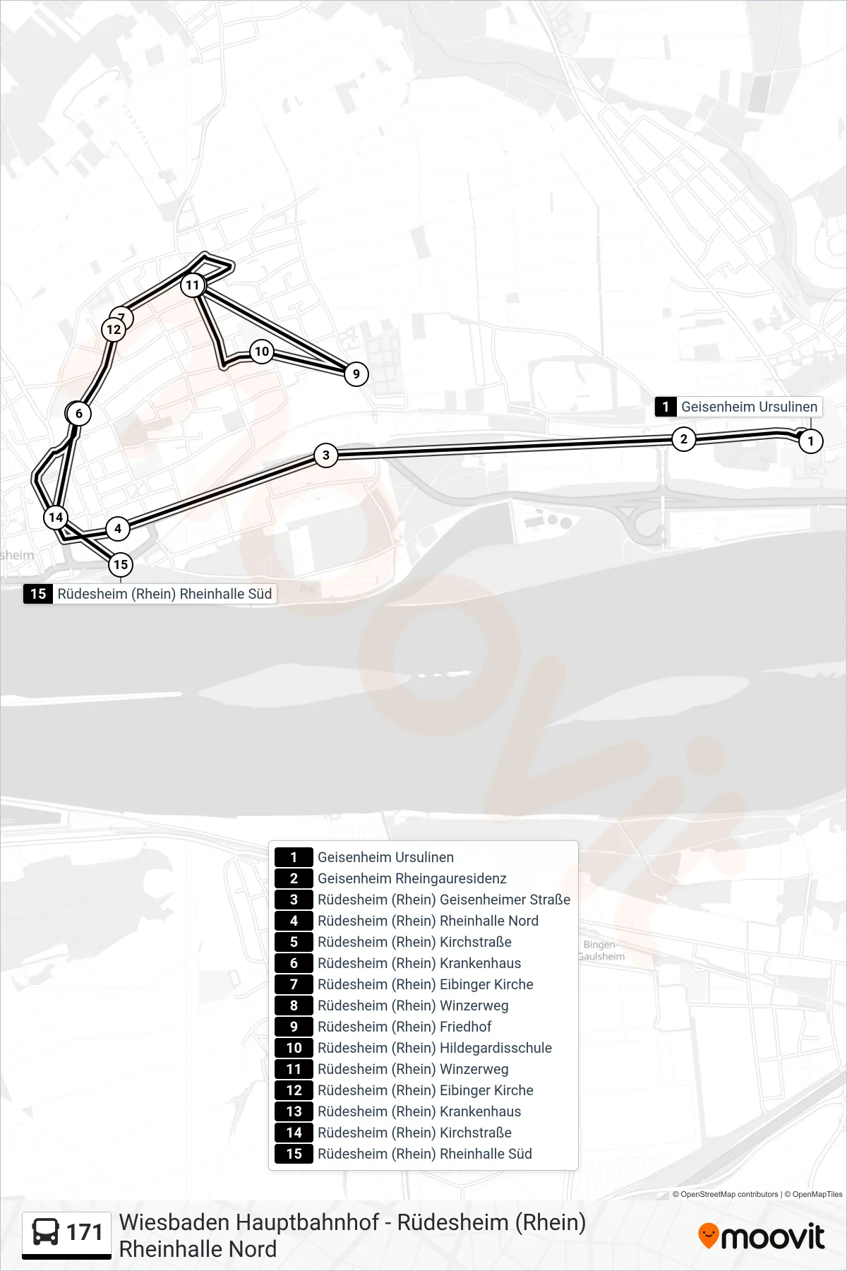 171 bus Line (Rüdesheim (Rhein) Rheinhalle Süd) route and stops on a map