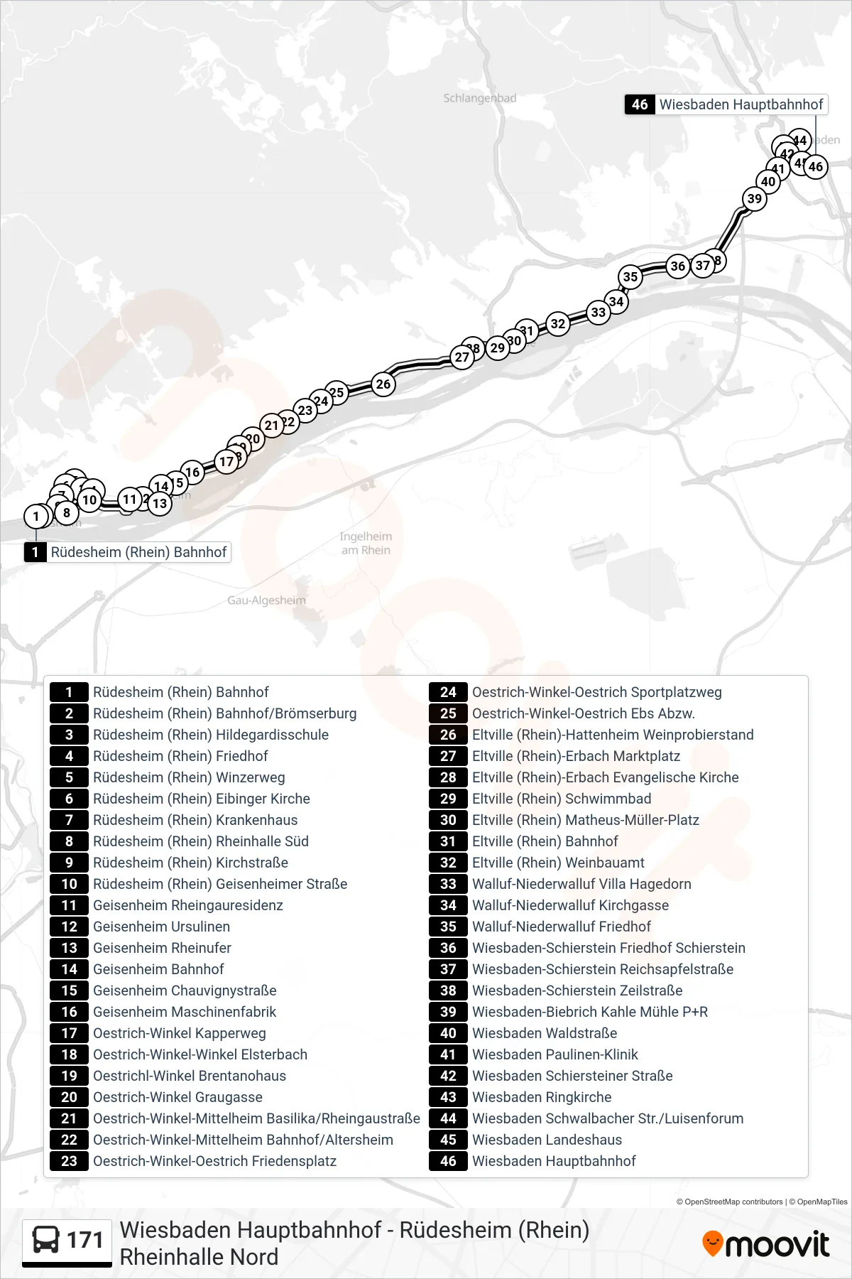 171 bus Line (Wiesbaden Hauptbahnhof) route and stops on a map
