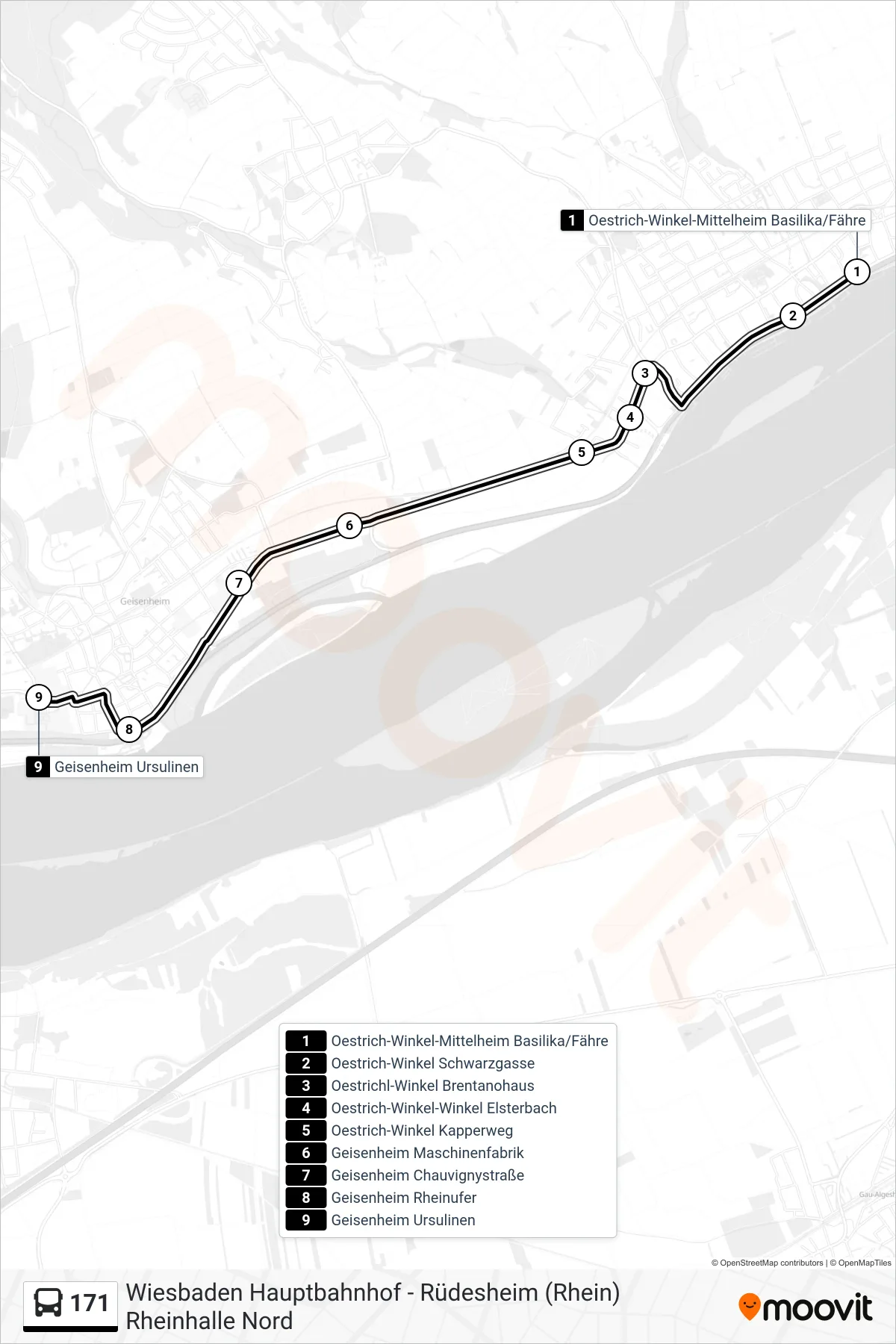171 bus Line (Geisenheim Ursulinen) route and stops on a map