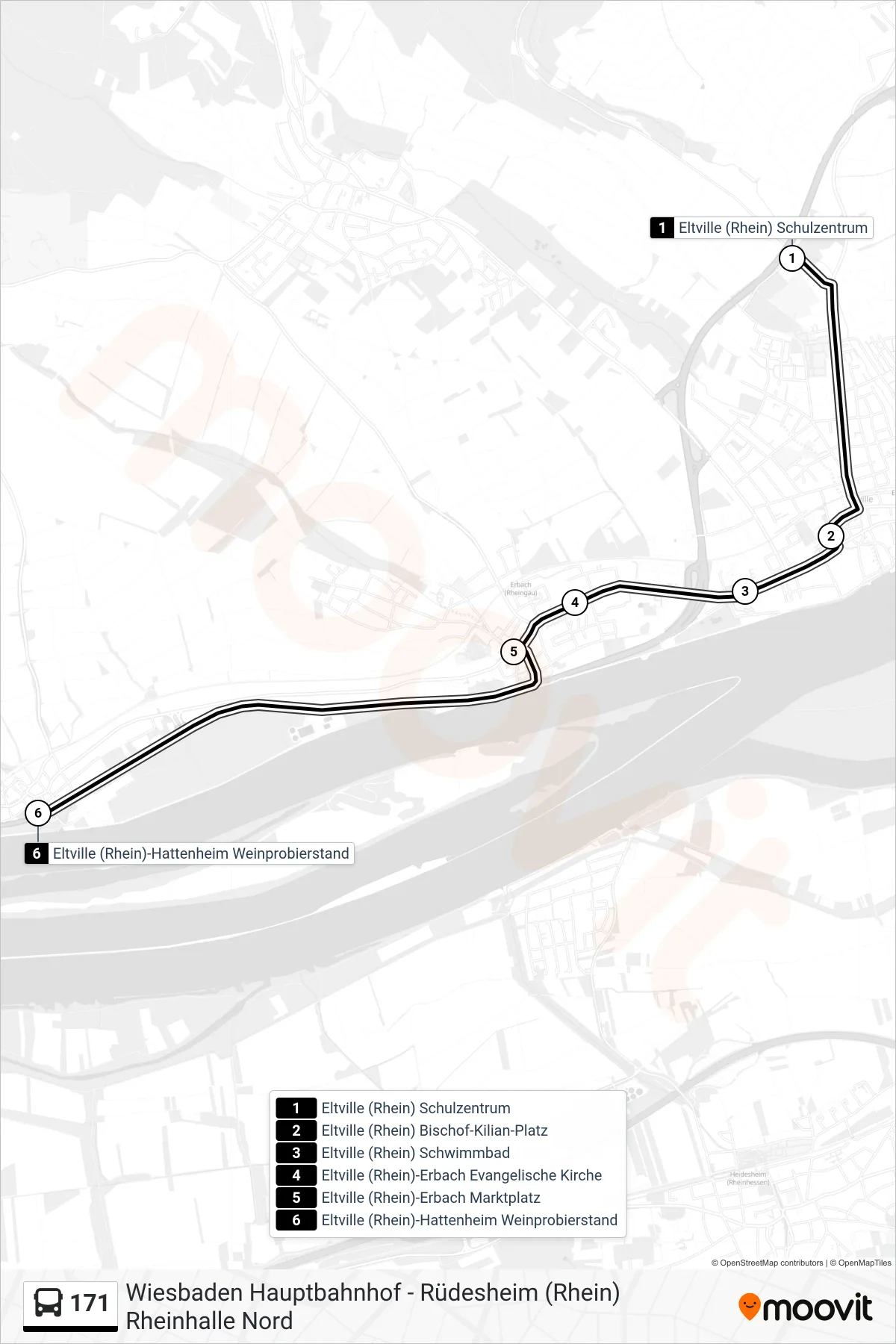 171 bus Line (Eltville (Rhein)-Hattenheim Weinprobierstand) route and stops on a map