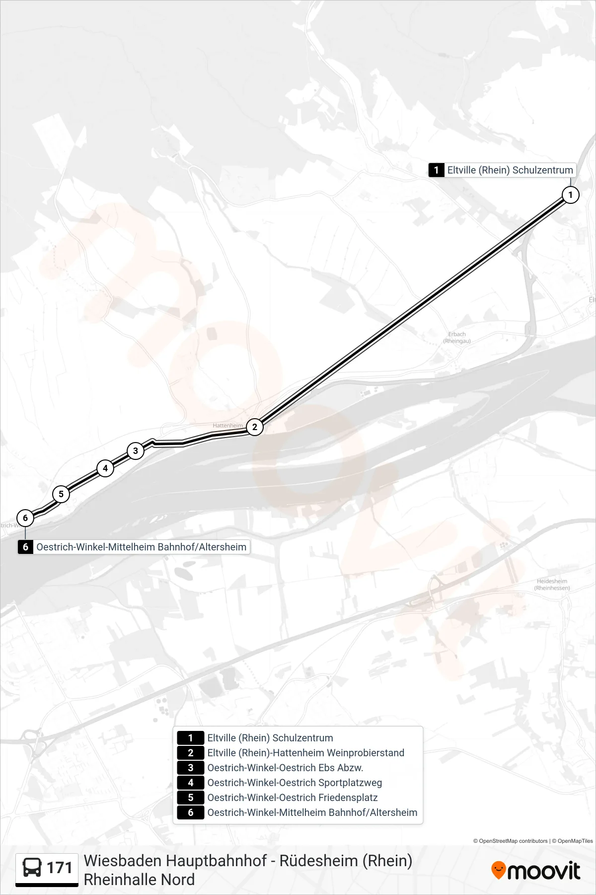 171 bus Line (Oestrich-Winkel-Mittelheim Bahnhof/Altersheim) route and stops on a map