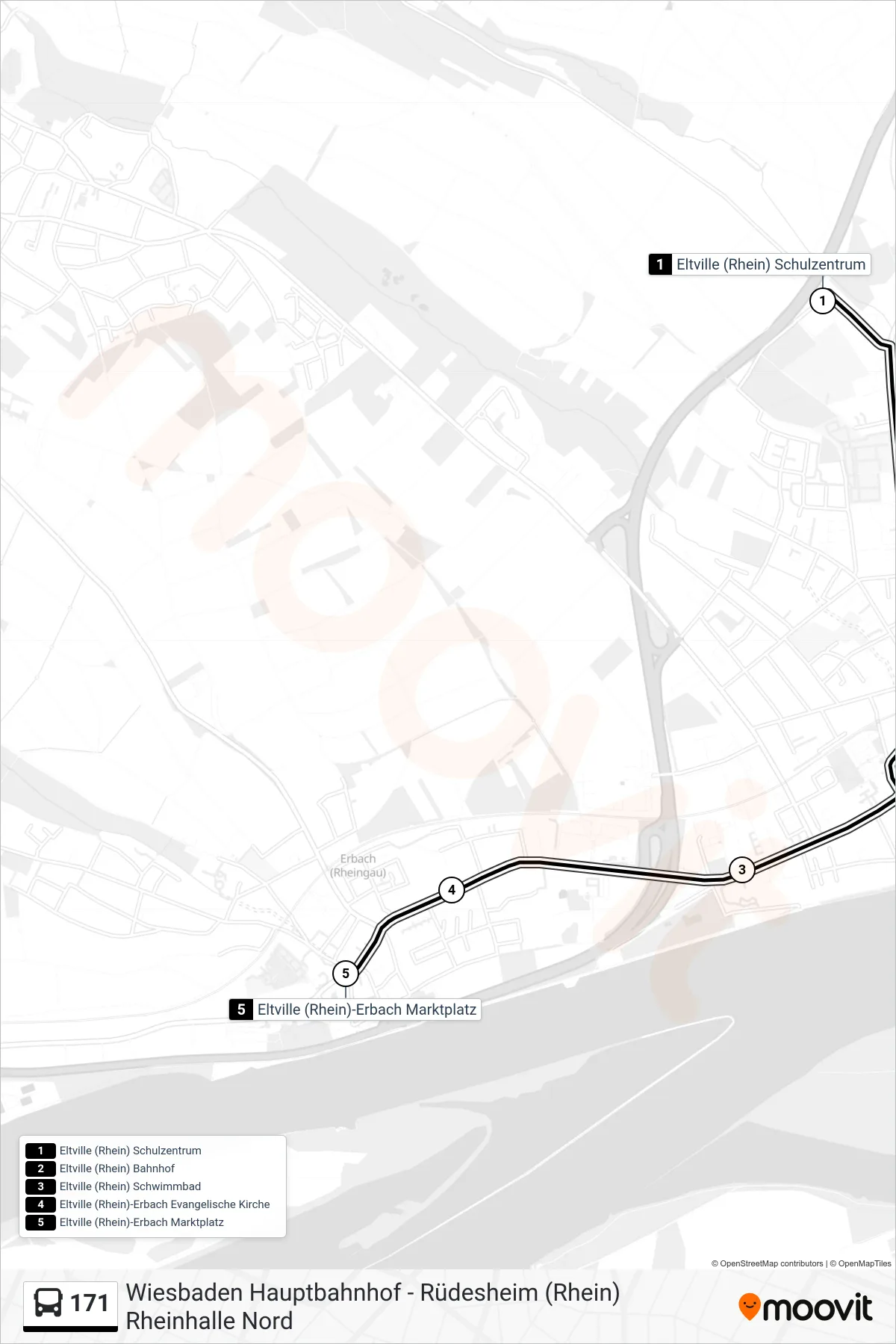 Linie 171 (Bus) Richtung Eltville (Rhein)-Erbach Marktplatz: Route und Haltestellen auf der Karte