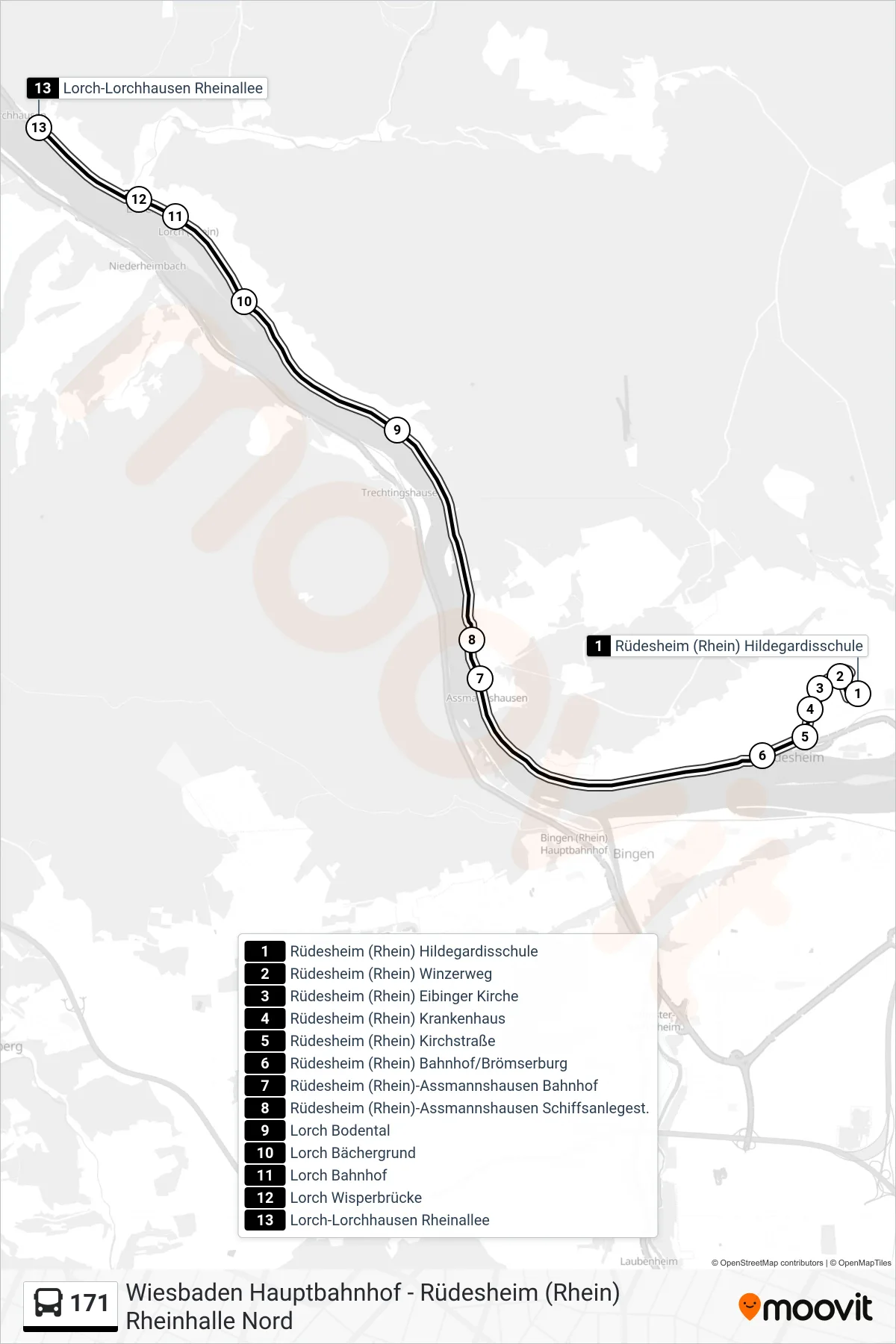 Linie 171 (Bus) Richtung Lorch-Lorchhausen Rheinallee: Route und Haltestellen auf der Karte