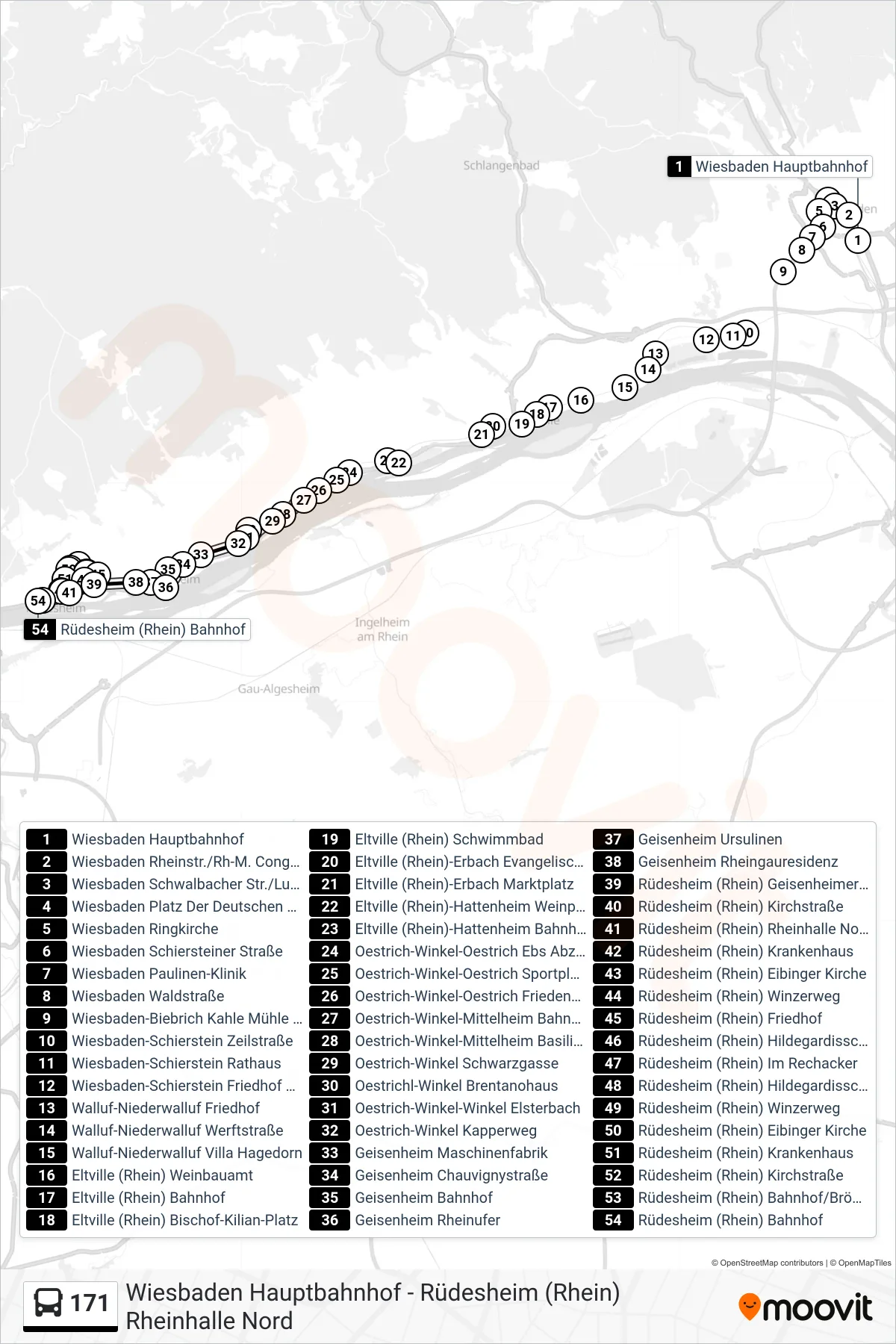 171 bus Line (Rüdesheim (Rhein) Bahnhof) route and stops on a map