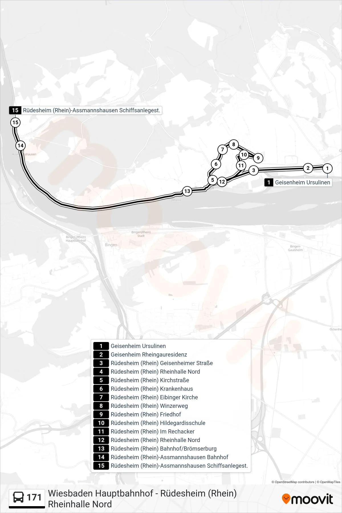 171 bus Line (Rüdesheim (Rhein)-Assmannshausen Schiffsanlegest.) route and stops on a map