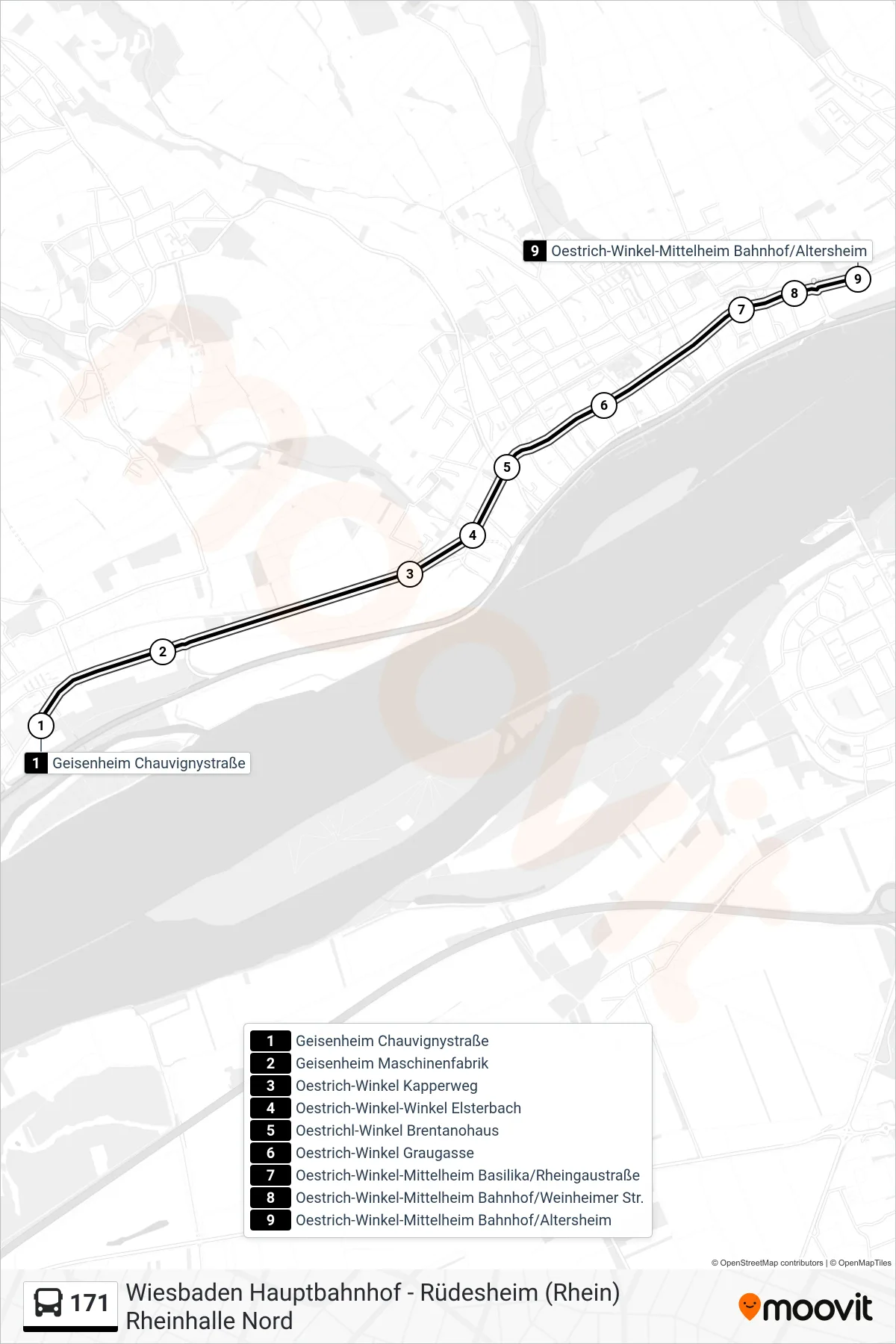 171 bus Line (Oestrich-Winkel-Mittelheim Bahnhof/Altersheim) route and stops on a map