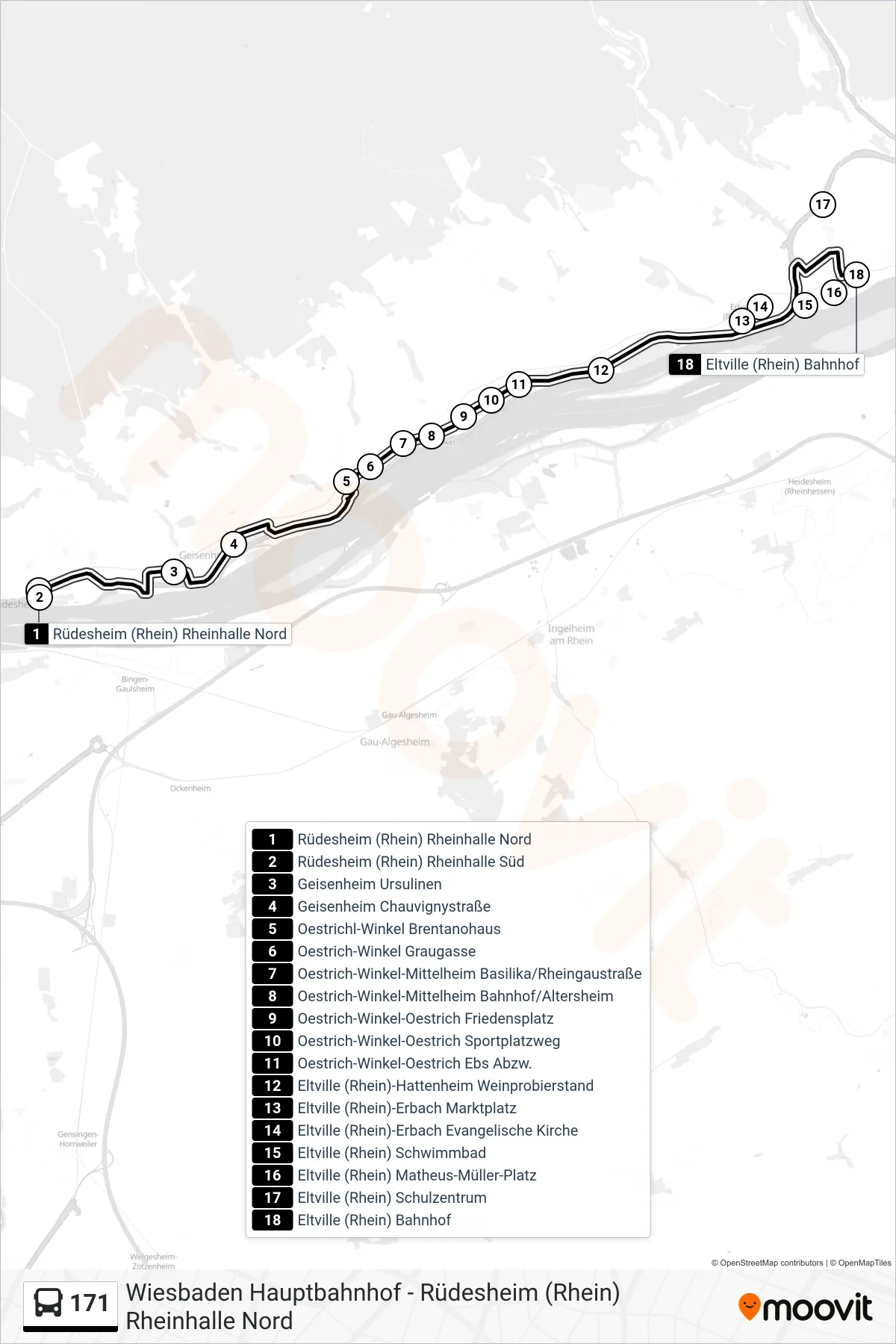 171 bus Line (Eltville (Rhein) Bahnhof) route and stops on a map