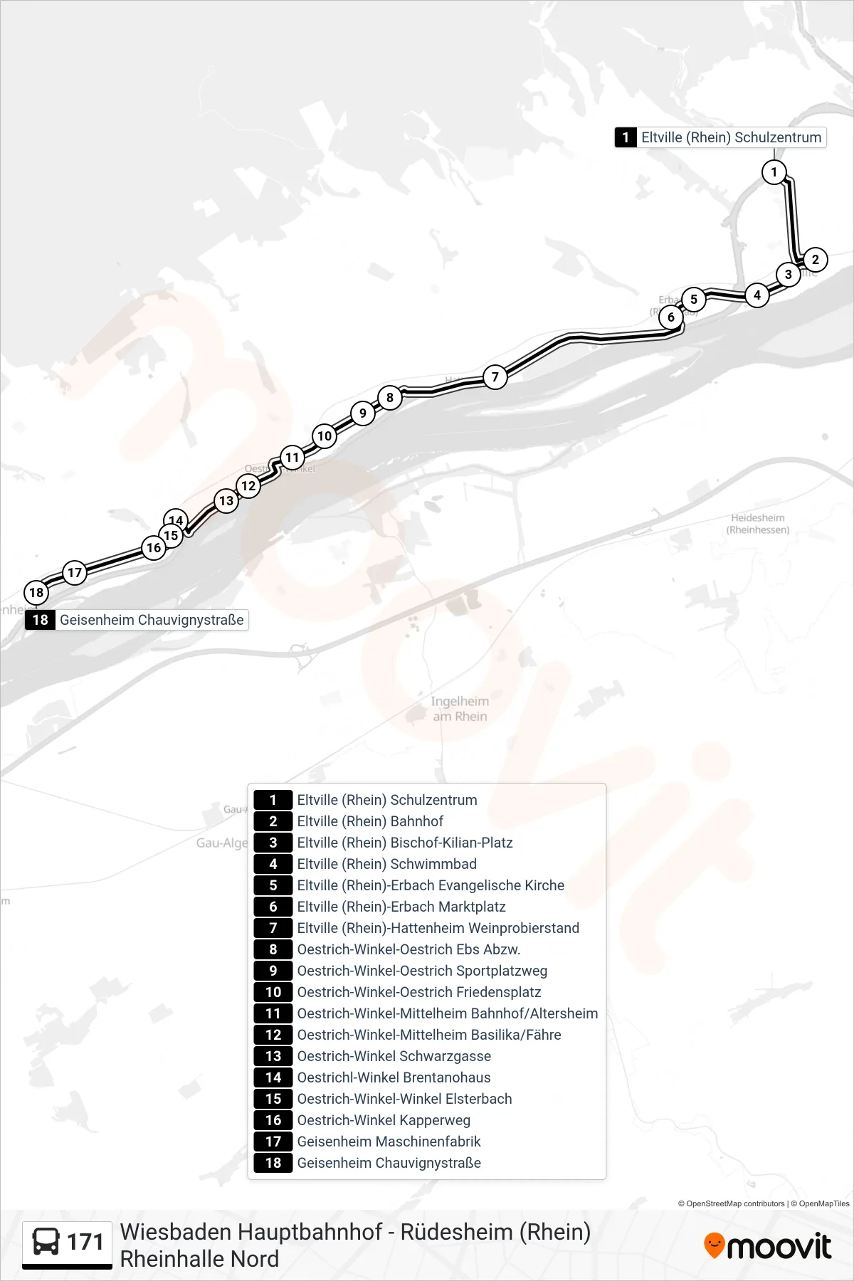 171 bus Line (Geisenheim Chauvignystraße) route and stops on a map