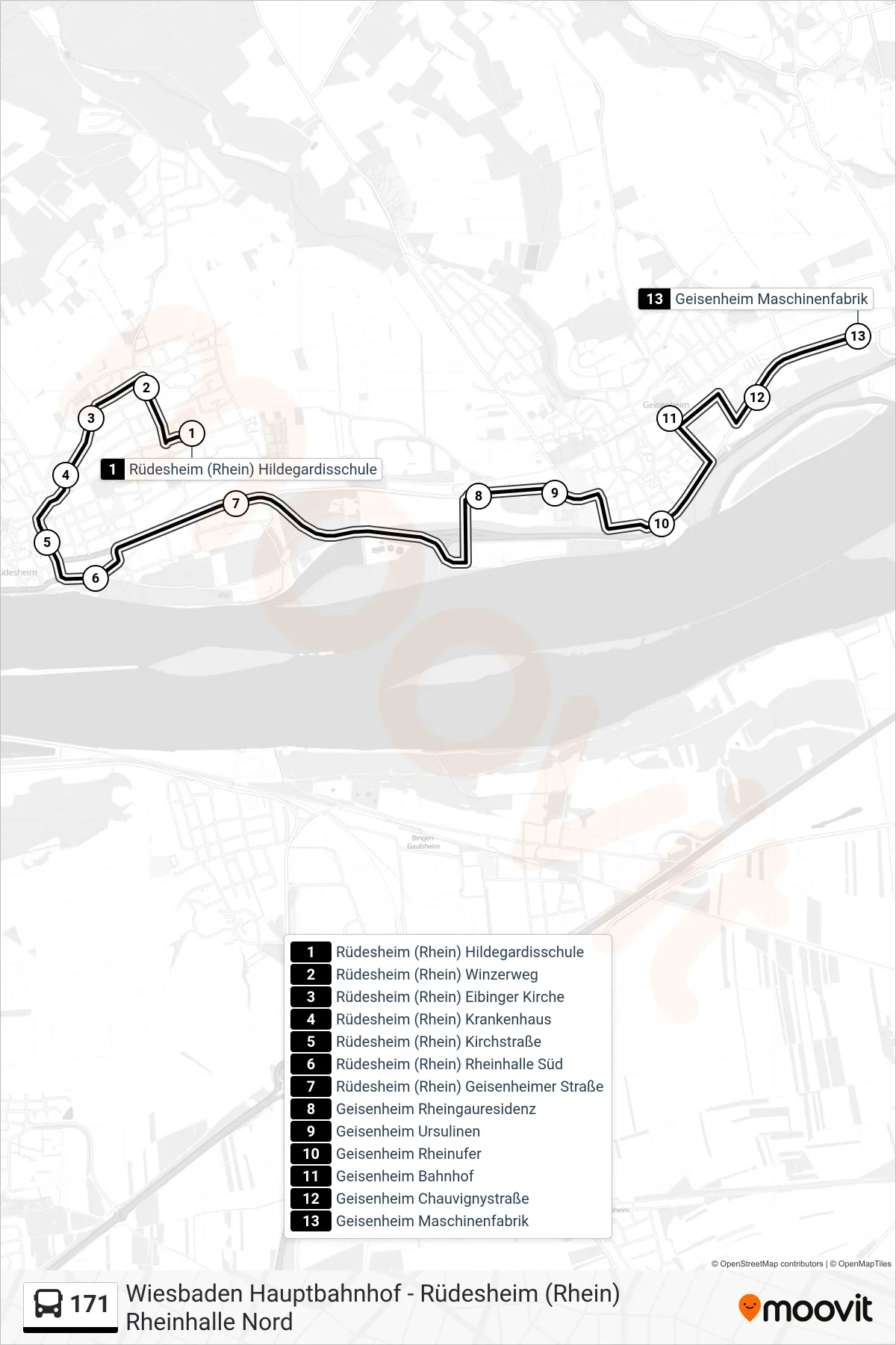 171 bus Line (Geisenheim Maschinenfabrik) route and stops on a map