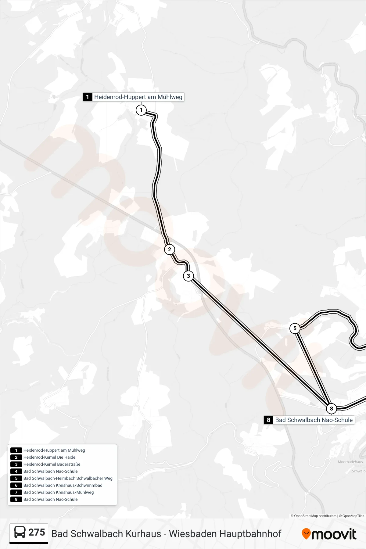 275 bus Line (Bad Schwalbach Nao-Schule) route and stops on a map