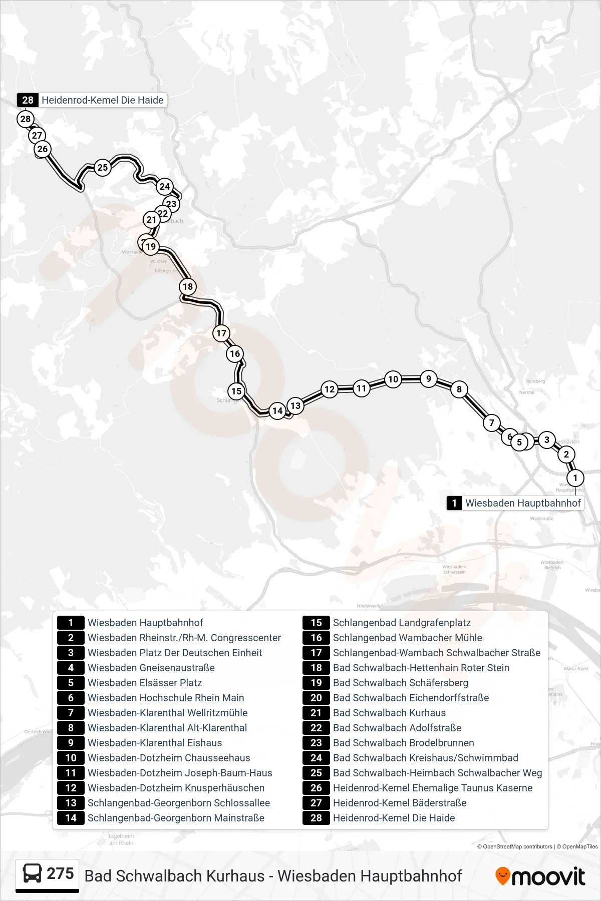 275 bus Line (Heidenrod-Kemel Die Haide) route and stops on a map