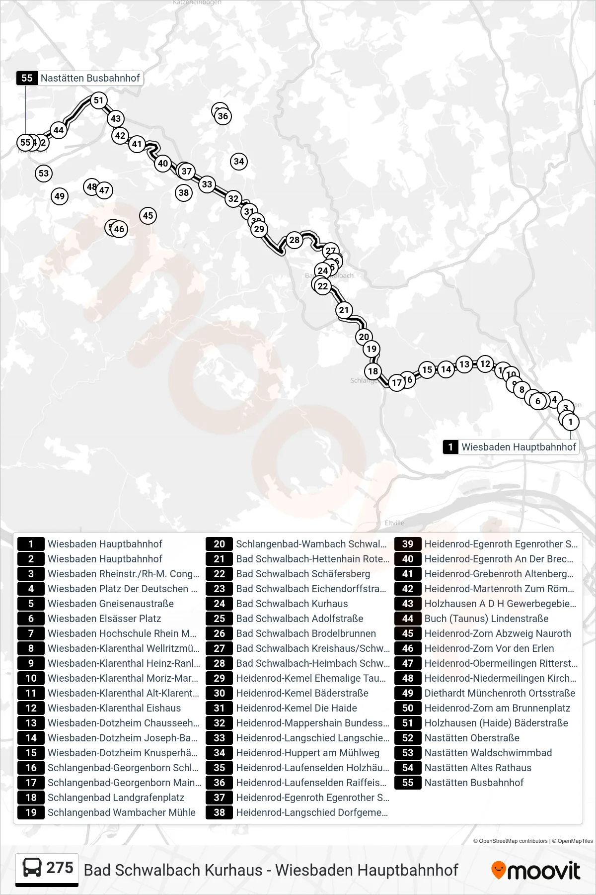 275 bus Line (Nastätten Busbahnhof) route and stops on a map