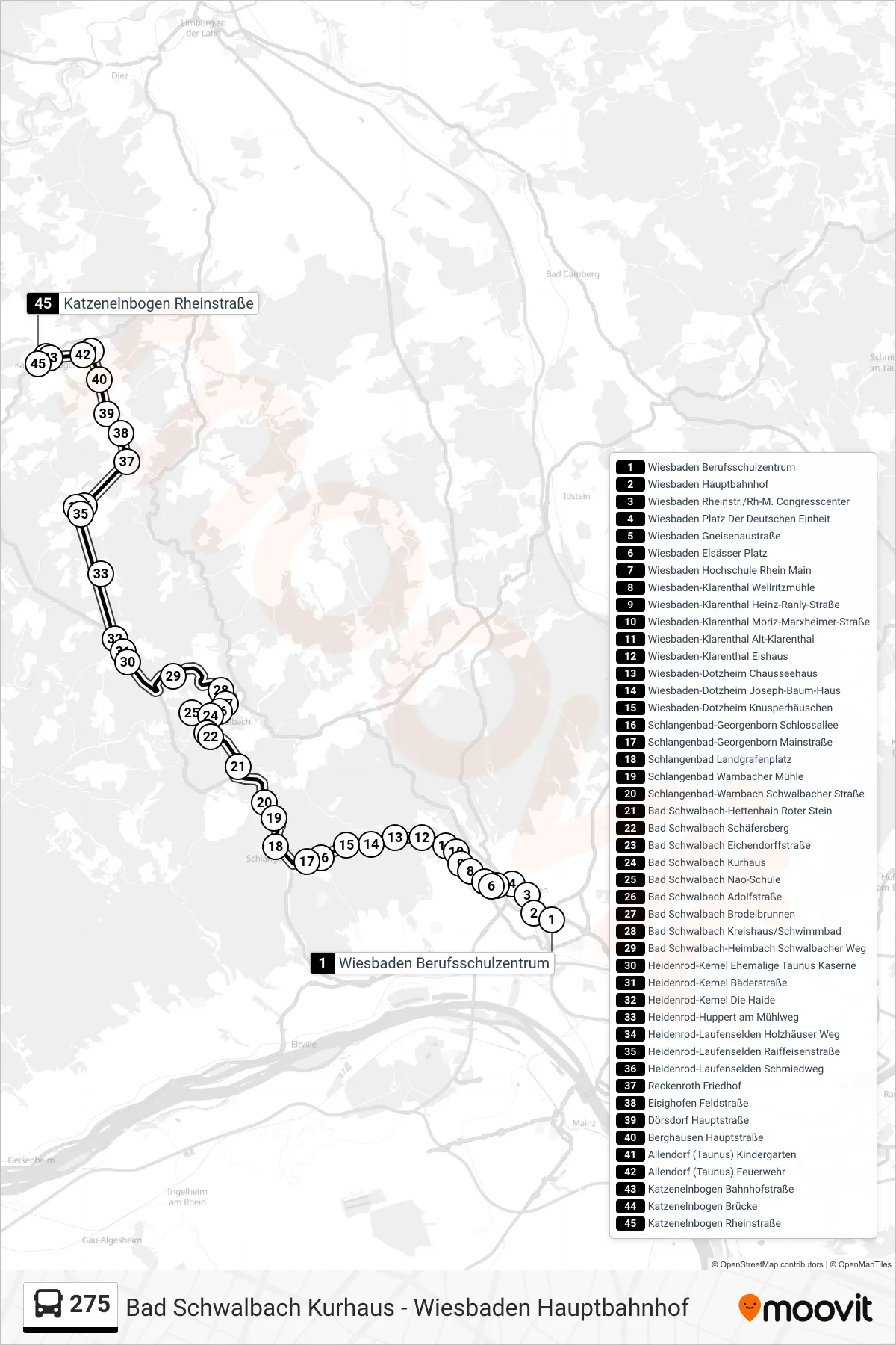 275 bus Line (Katzenelnbogen Rheinstraße) route and stops on a map