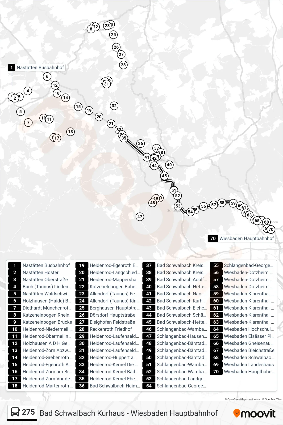 275 bus Line (Wiesbaden Hauptbahnhof) route and stops on a map