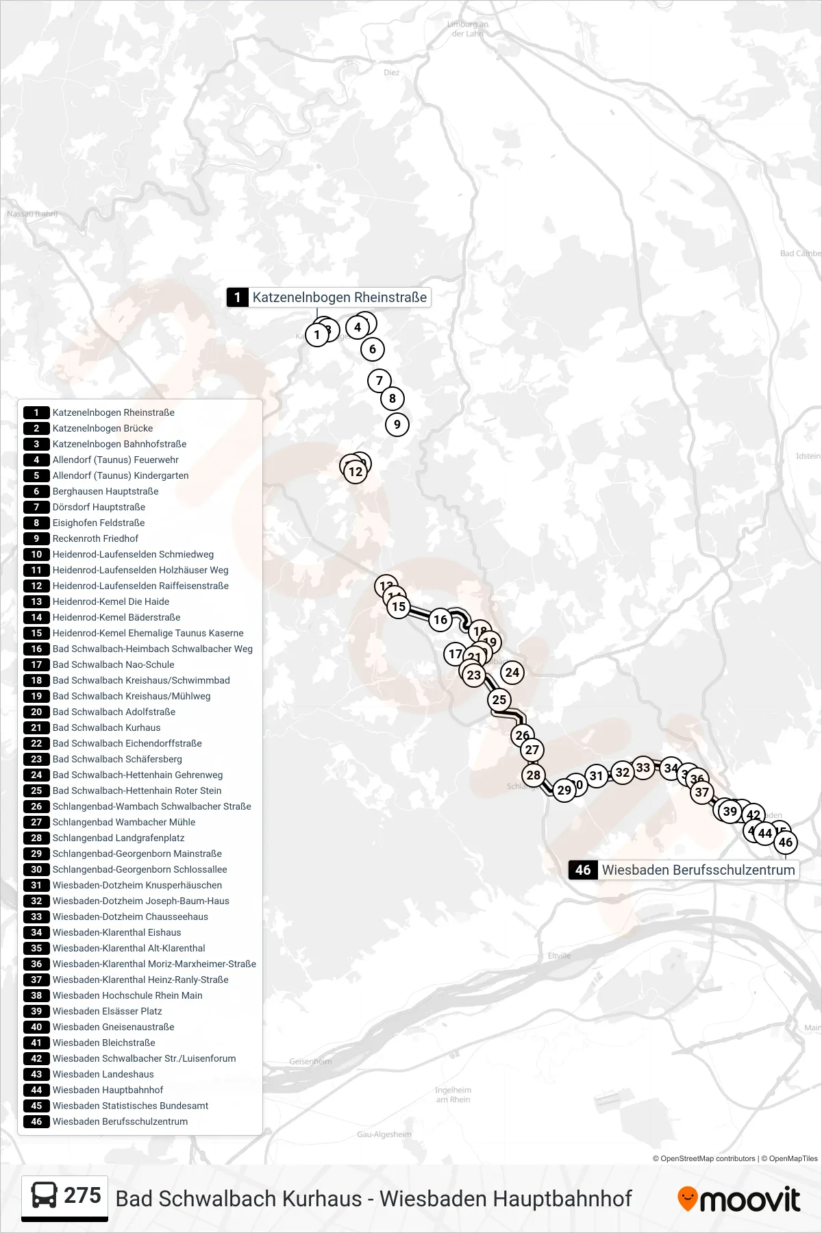 275 bus Line (Wiesbaden Berufsschulzentrum) route and stops on a map