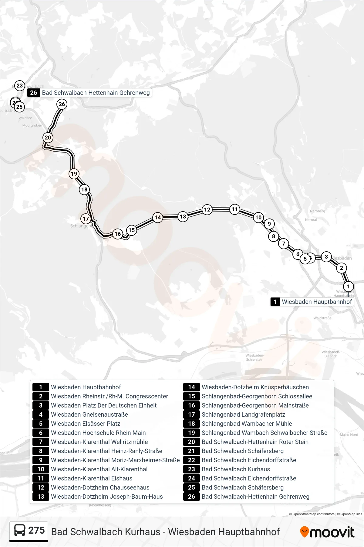 Linie 275 (Bus) Richtung Bad Schwalbach-Hettenhain Gehrenweg: Route und Haltestellen auf der Karte