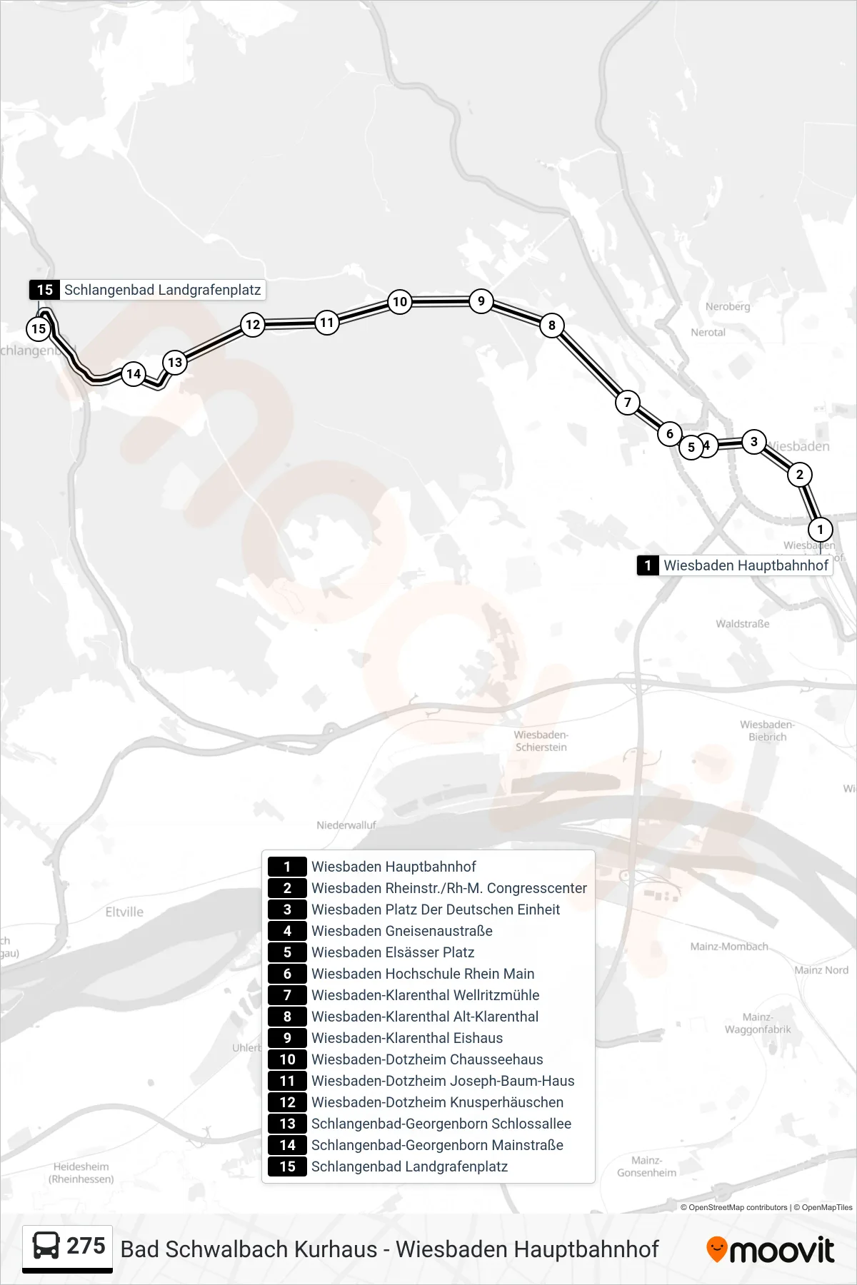 275 bus Line (Schlangenbad Landgrafenplatz) route and stops on a map