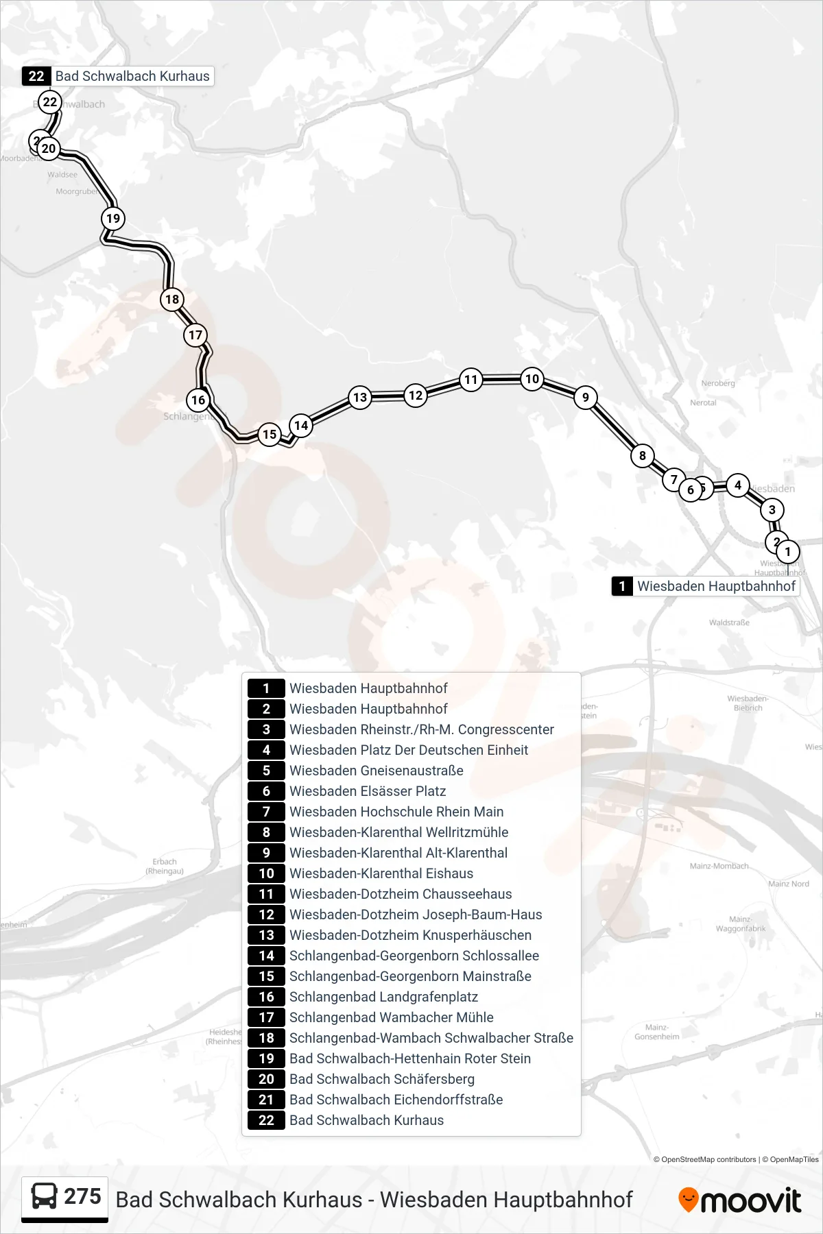 275 bus Line (Bad Schwalbach Kurhaus) route and stops on a map