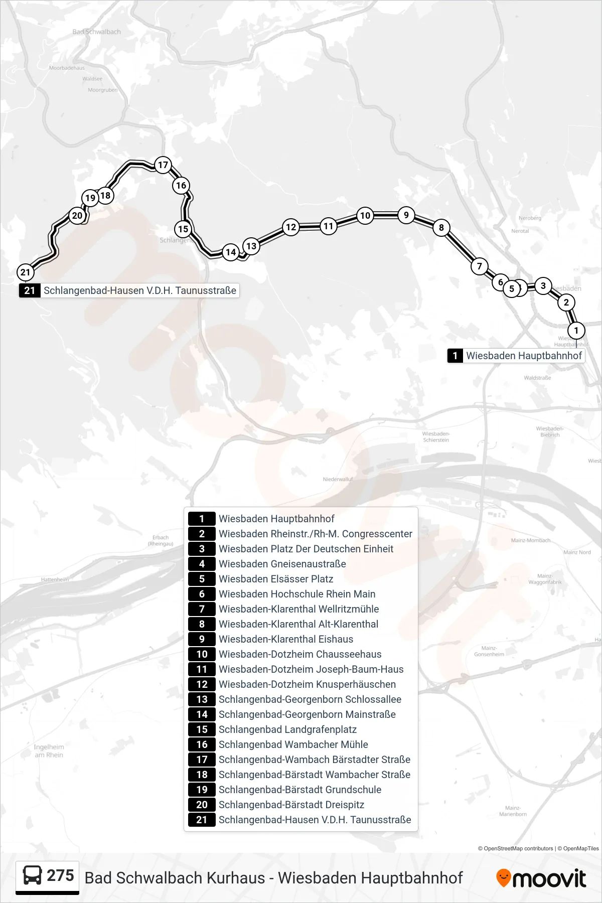 275 bus Line (Schlangenbad-Hausen V.D.H. Taunusstraße) route and stops on a map