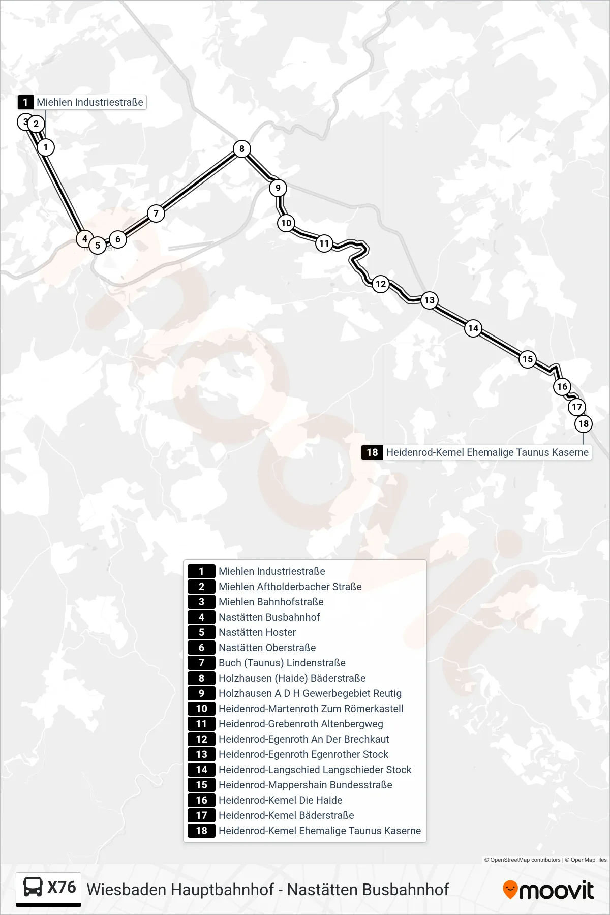 X76 bus Line (Heidenrod-Kemel Ehemalige Taunus Kaserne) route and stops on a map
