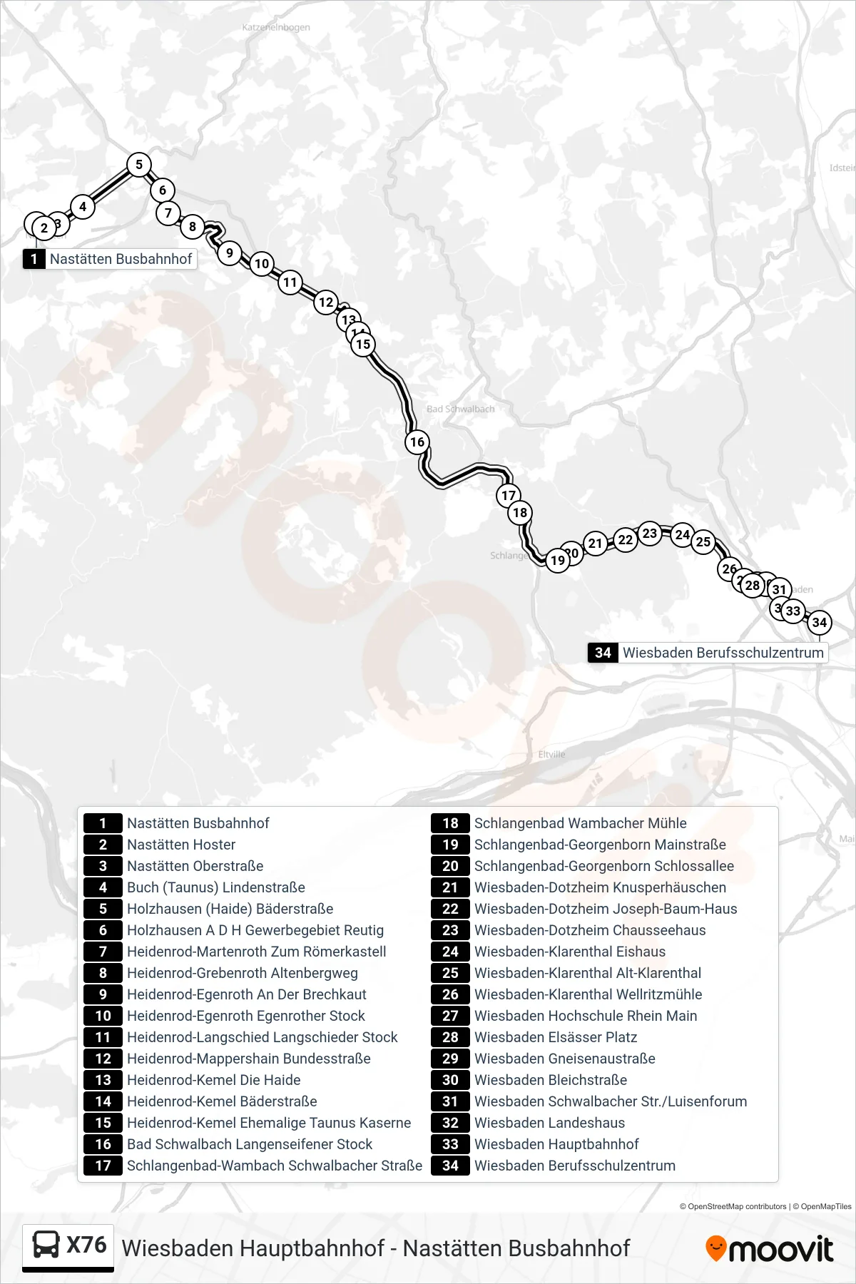X76 bus Line (Wiesbaden Berufsschulzentrum) route and stops on a map
