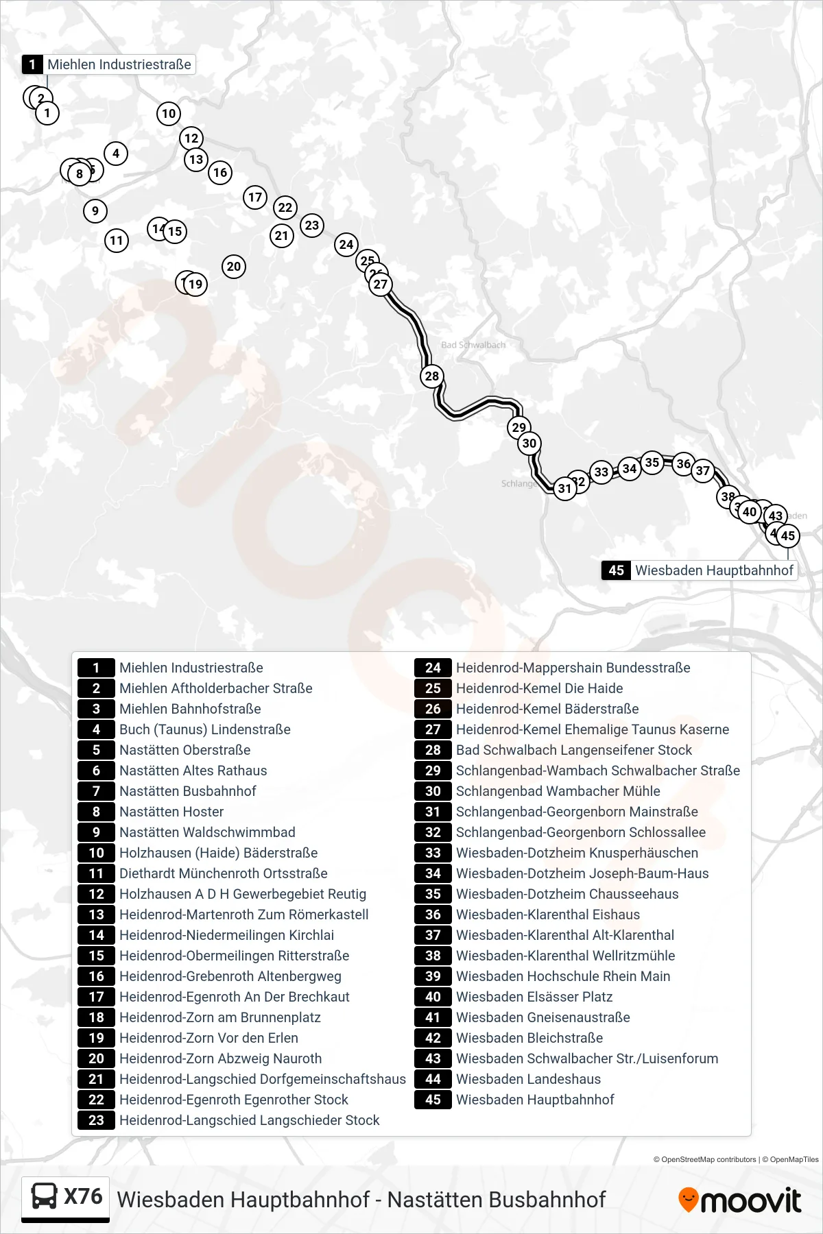 X76 bus Line (Wiesbaden Hauptbahnhof) route and stops on a map
