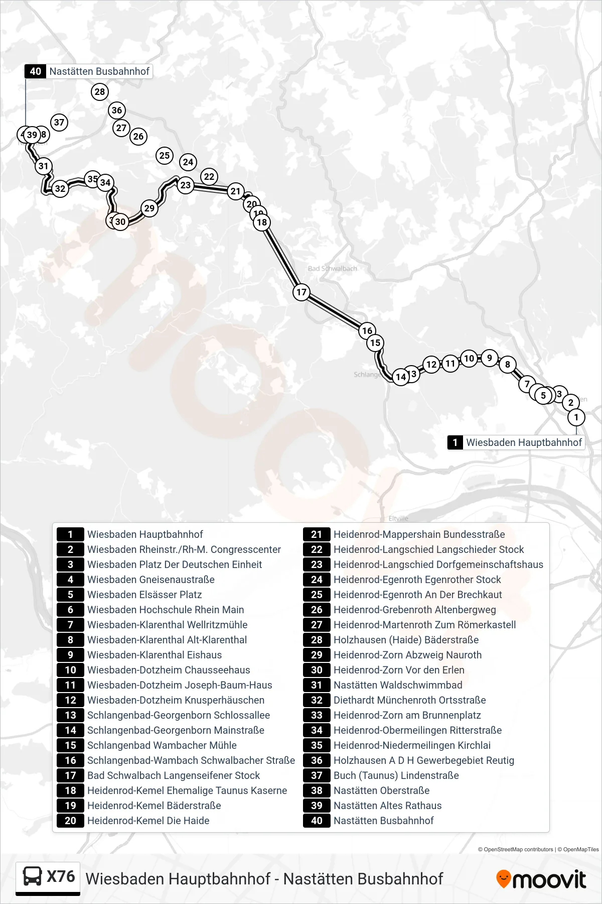 X76 bus Line (Nastätten Busbahnhof) route and stops on a map