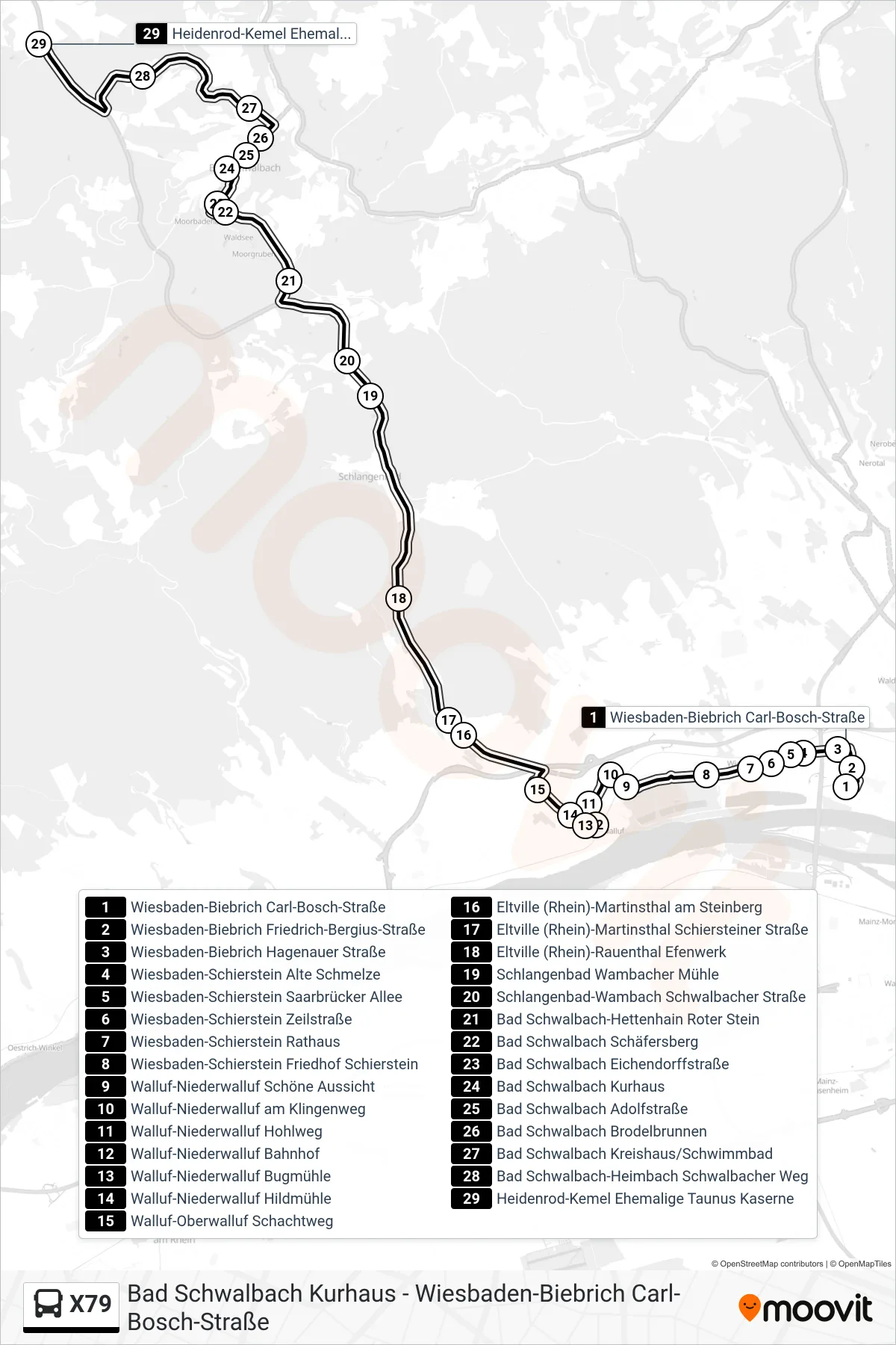 X79 bus Line (Heidenrod-Kemel Ehemalige Taunus Kaserne) route and stops on a map