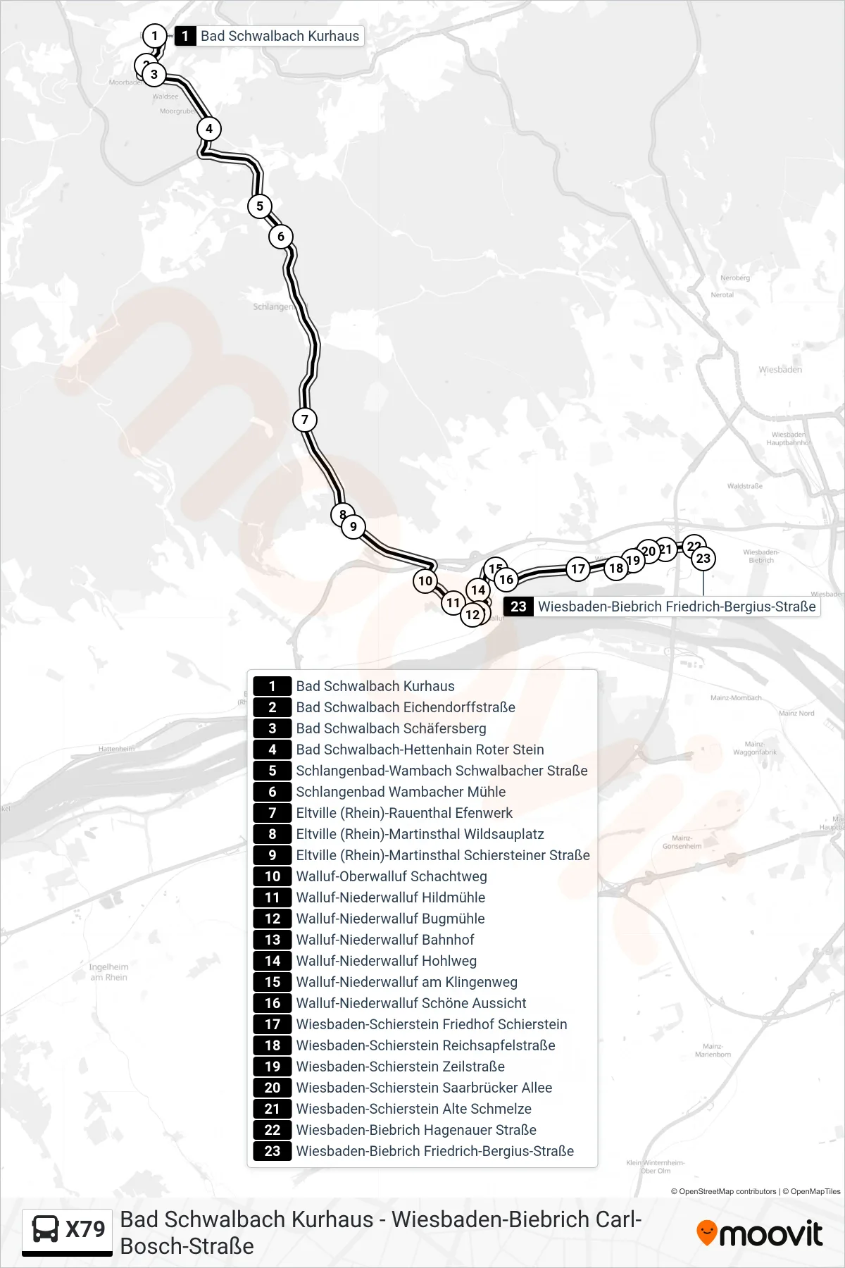 X79 bus Line (Wiesbaden-Biebrich Friedrich-Bergius-Straße) route and stops on a map
