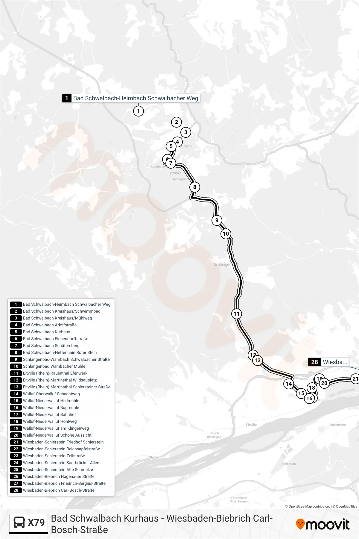 Linie X79 (Bus) Richtung Wiesbaden-Biebrich Carl-Bosch-Straße: Route und Haltestellen auf der Karte