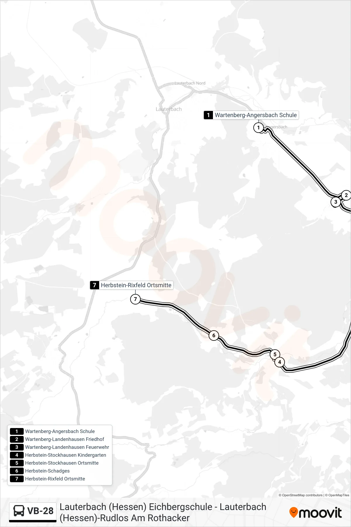 Linie VB-28 (Bus) Richtung Herbstein-Rixfeld Ortsmitte: Route und Haltestellen auf der Karte